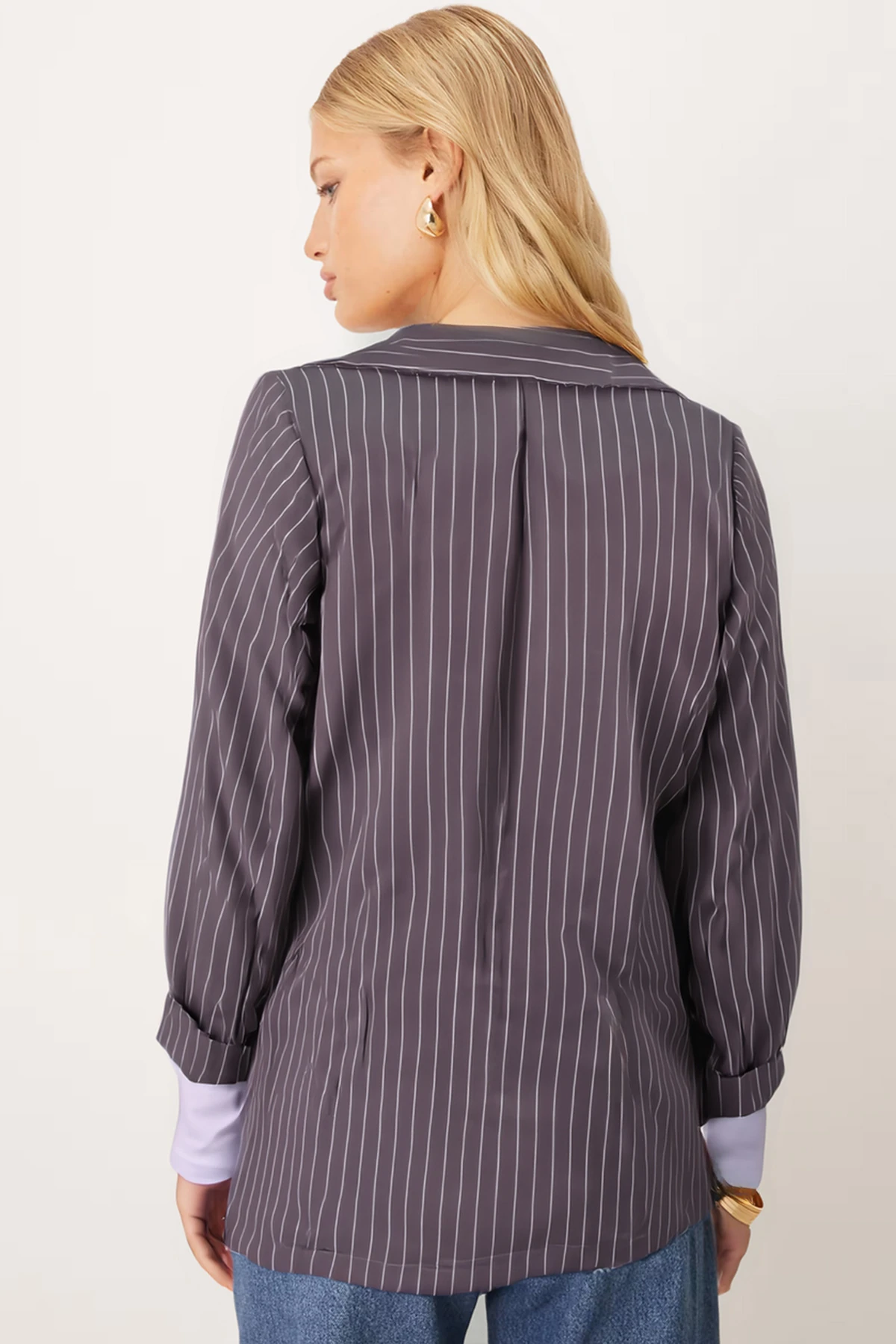 Kadın Gri Oversize Duble Kol Kruvaze Yaka Astarlı Blazer Ceket ARM-26K001052