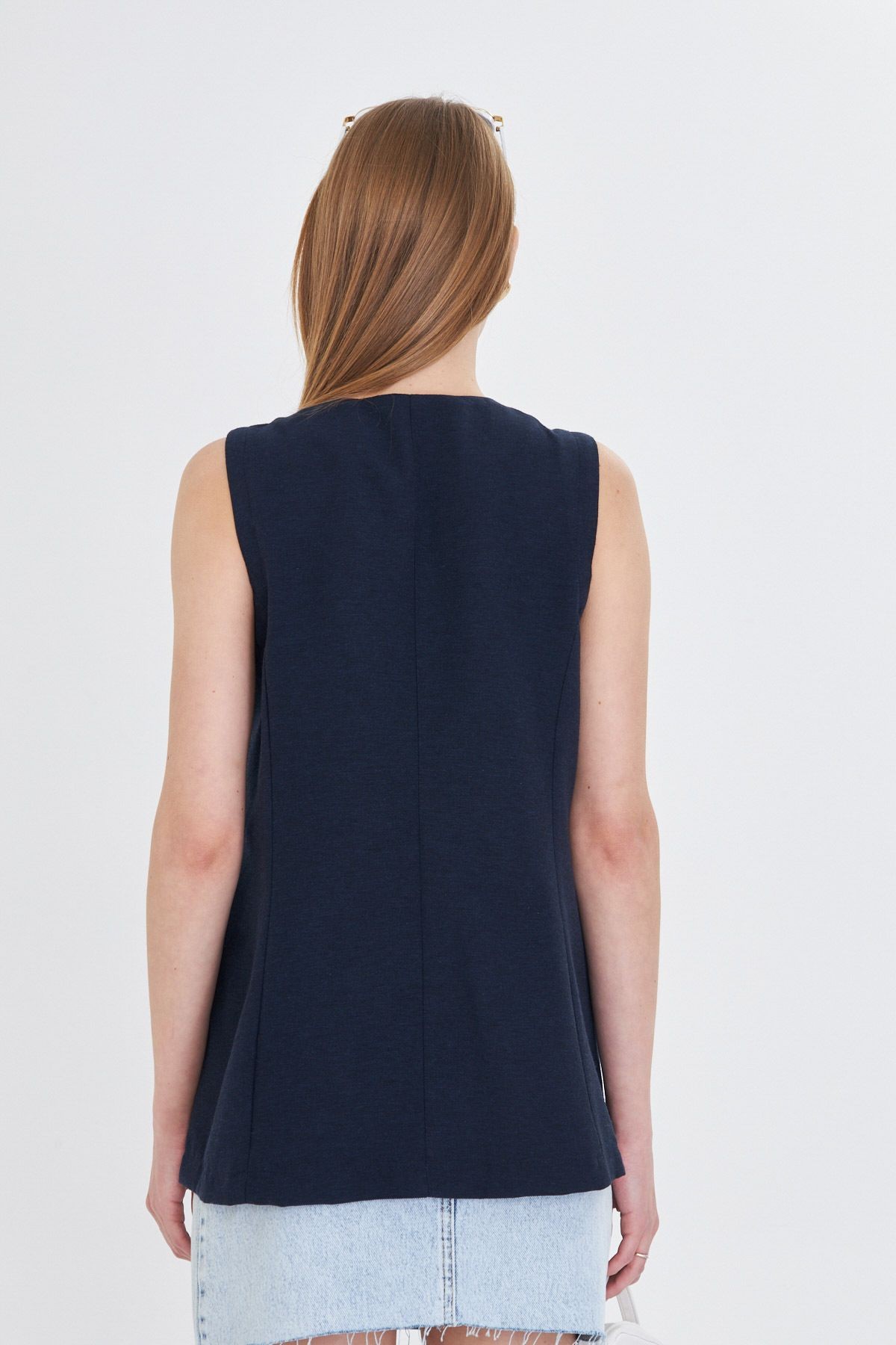 Kadın Lacivert V Yaka Tek Düğme Oversize Yelek ARM-25Y001036