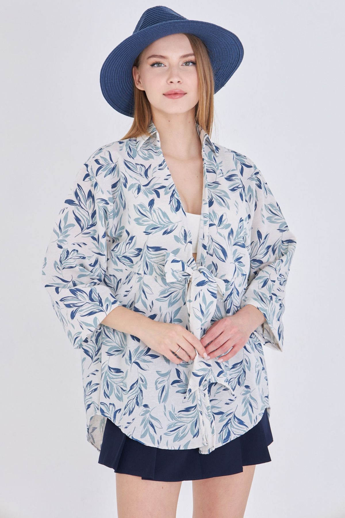 Kadın Açık Mint Desenli Keten Görünümlü Önden Bağlamalı Kimono Gömlek ARM-24Y001079
