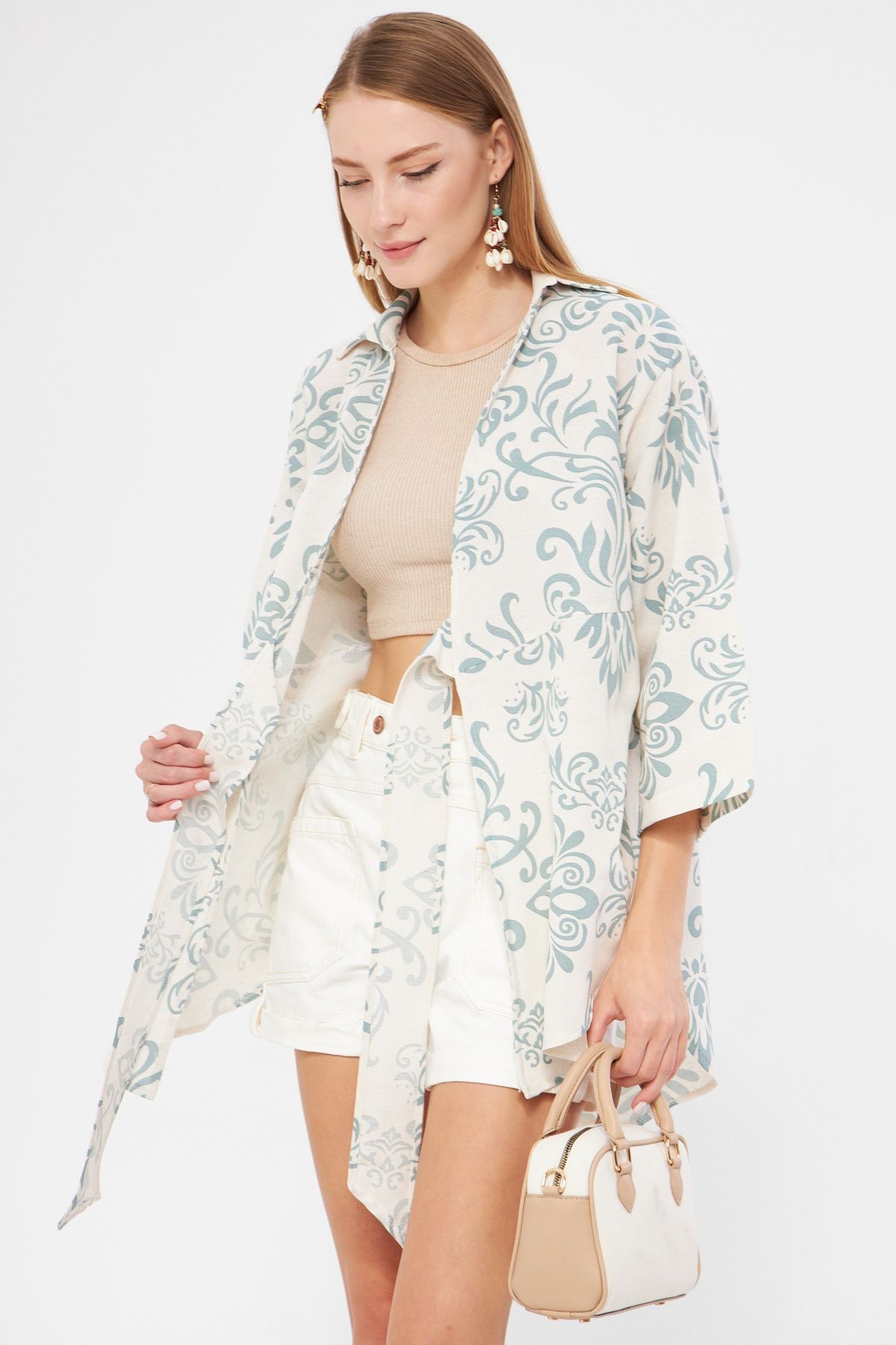 Kadın Mint Desenli Keten Görünümlü Önden Bağlamalı Kimono Gömlek ARM-24Y001079