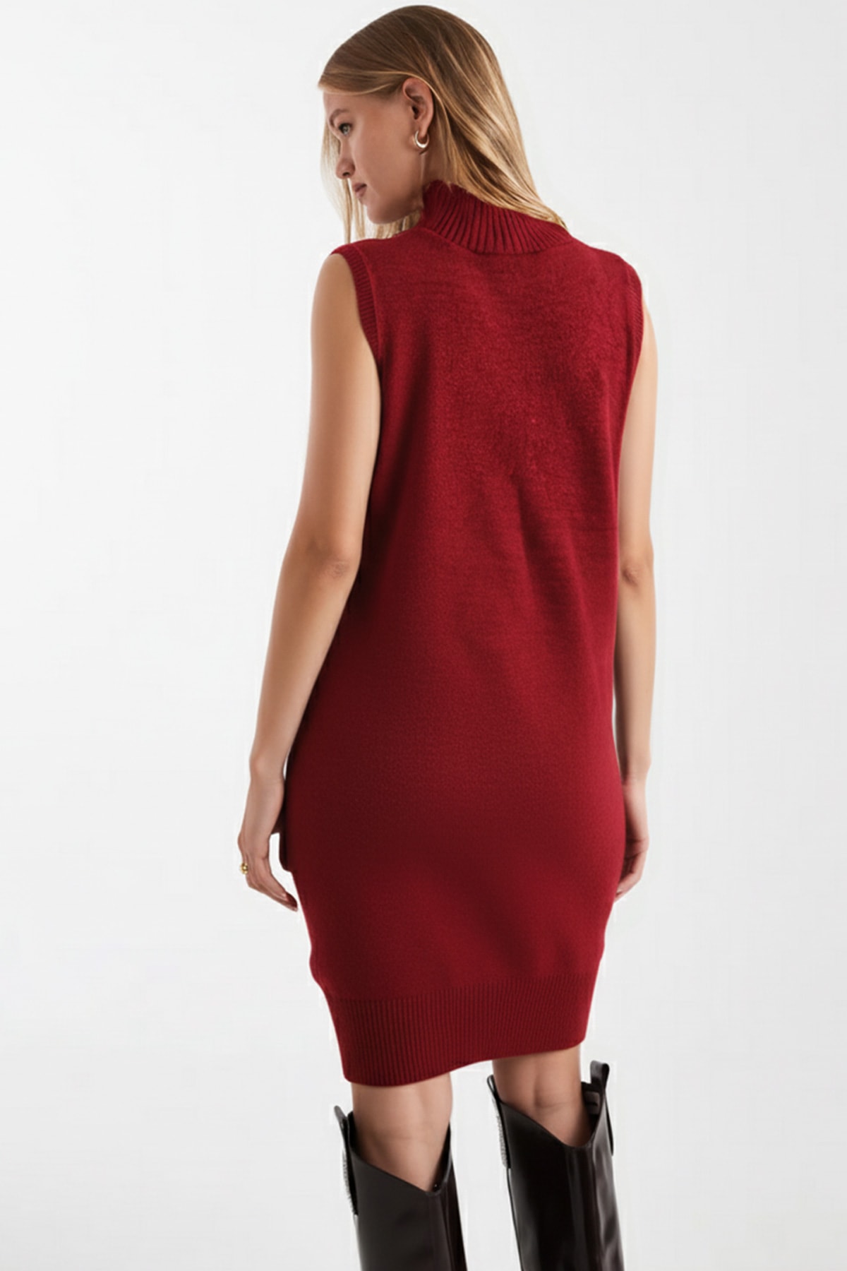 Kadın Bordo Önü Boncuklu Kolsuz Triko Elbise ARM-26K136034