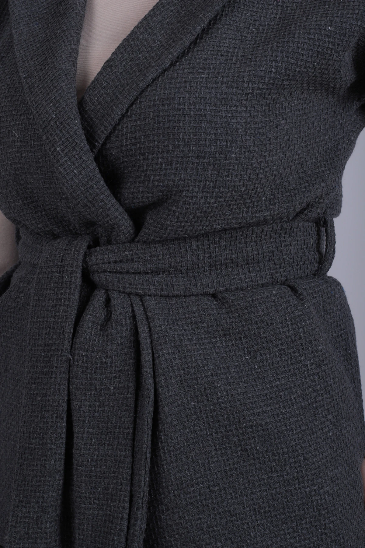 Kadın Antrasit Erkek Yaka Beli Kuşaklı Keten Görünümlü Yelek ARM-26K001055