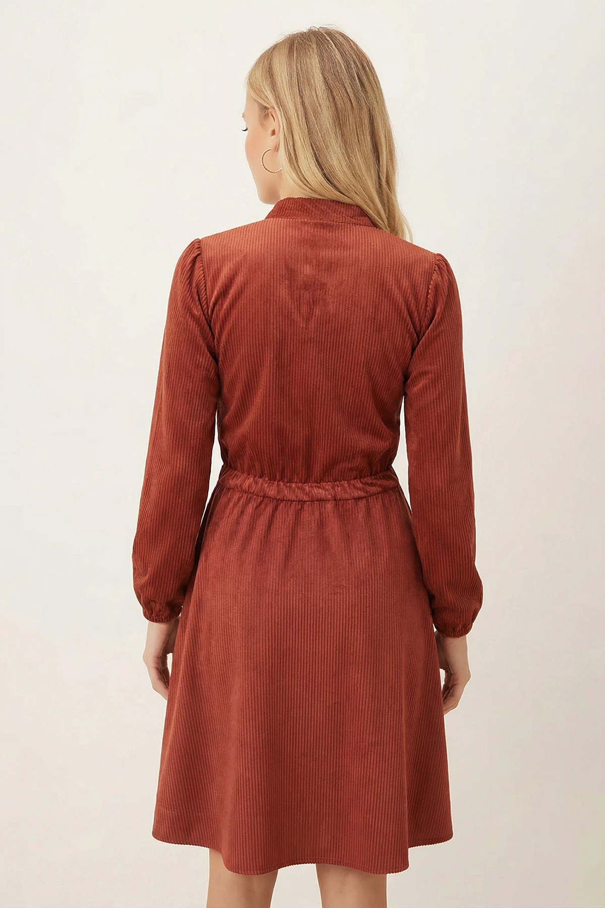 Kadın Koyu Kiremit Kadife V Yaka Beli Lastikli İnce Fitilli Kloş Elbise ARM-25K001049