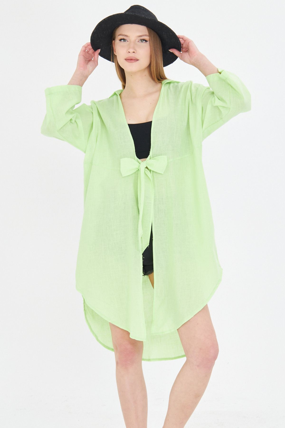 Kadın Neon Yeşil Önden Bağlamalı İnce Keten Kumaş Midi Boy Kimono Gömlek ARM-24Y001081