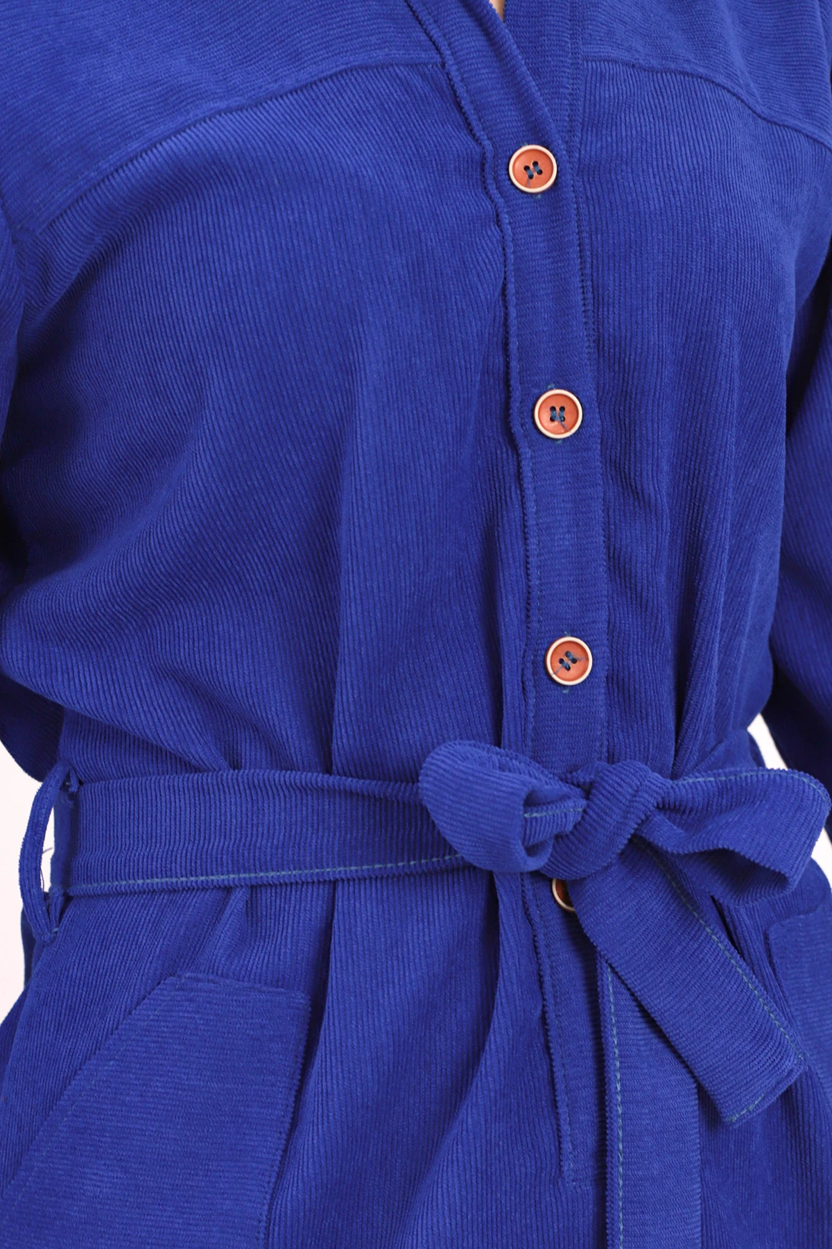 Kadın Saks Önden Düğmeli Cepli Kuşaklı Kadife Elbise ARM-25K001085