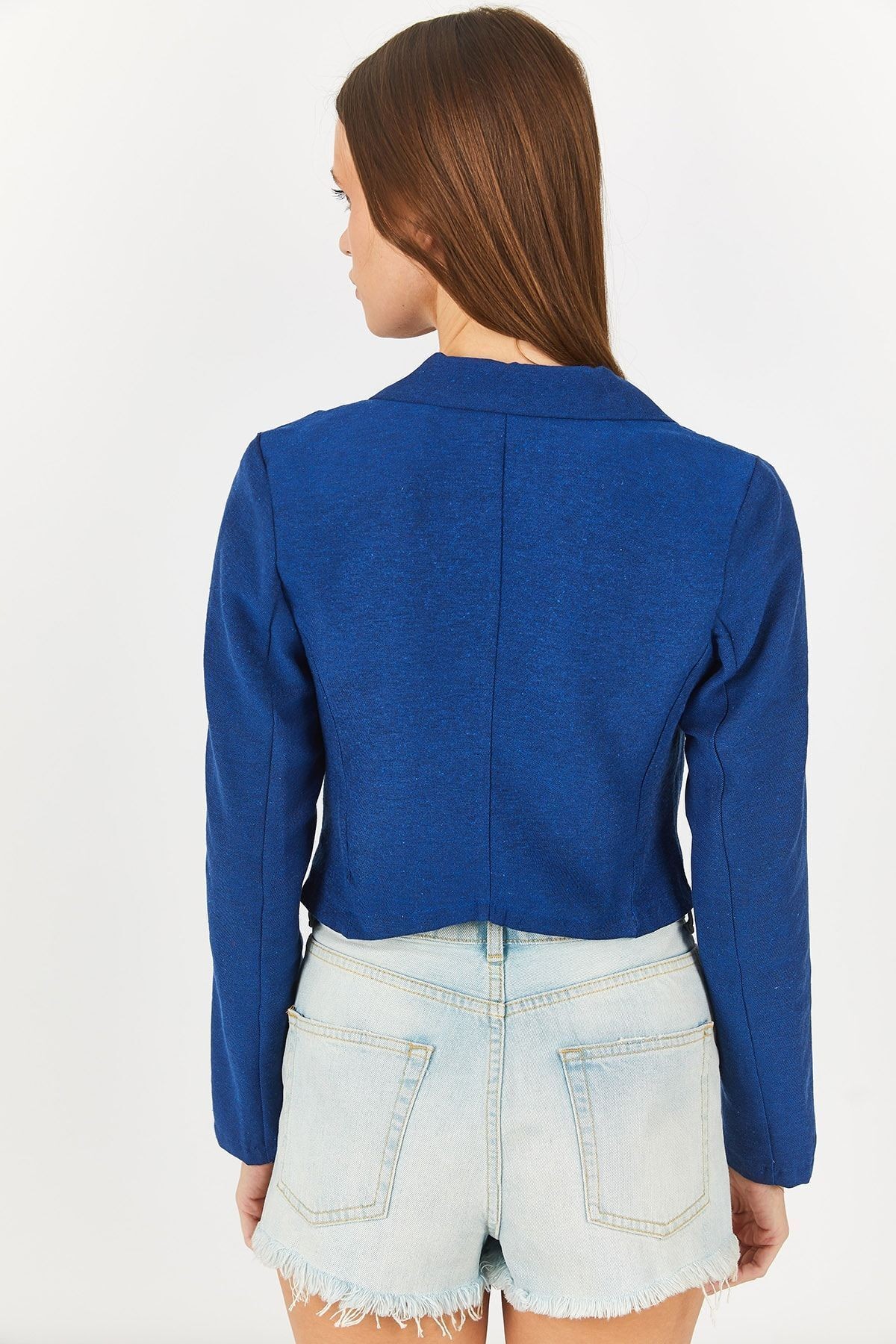 Kadın Saks Tek Düğmeli Crop Ceket Arm-23y001064