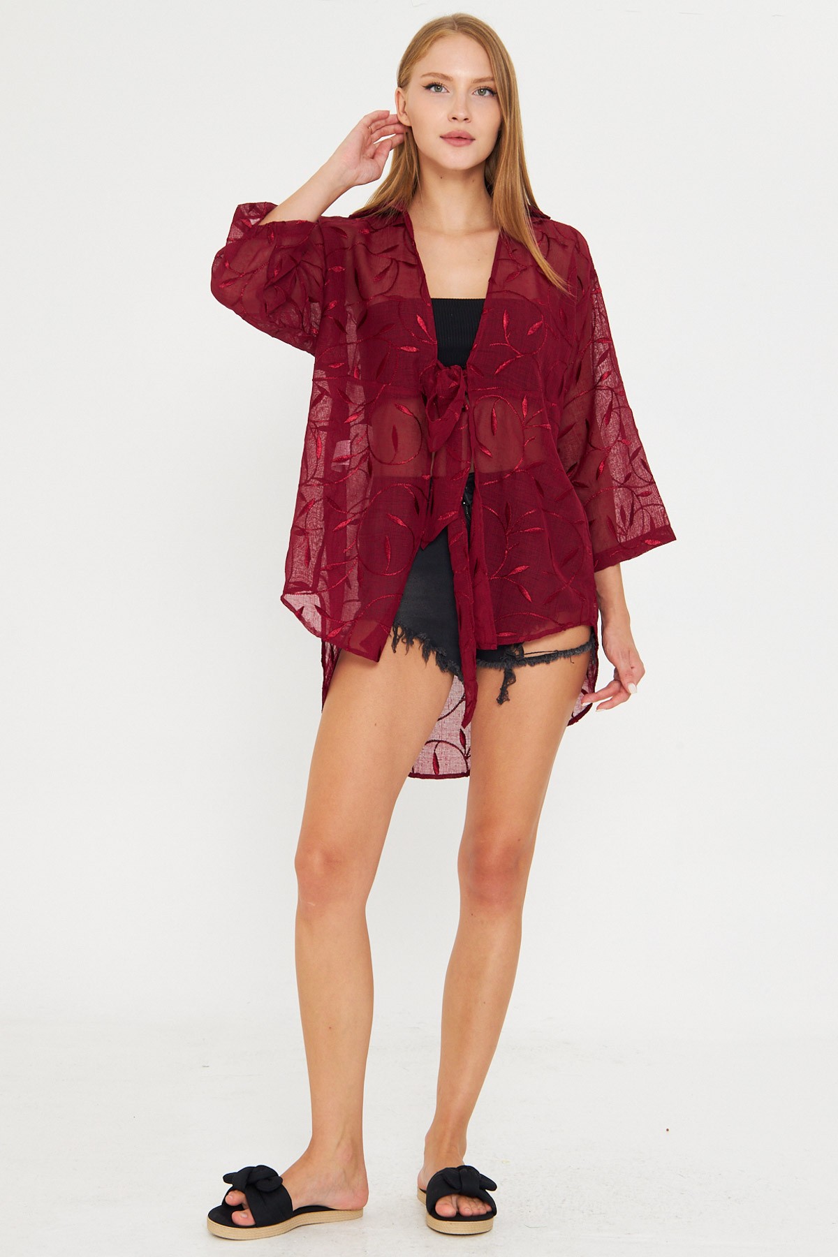 Kadın Bordo Önden Bağlamalı Kimono Gömlek ARM-25Y001108