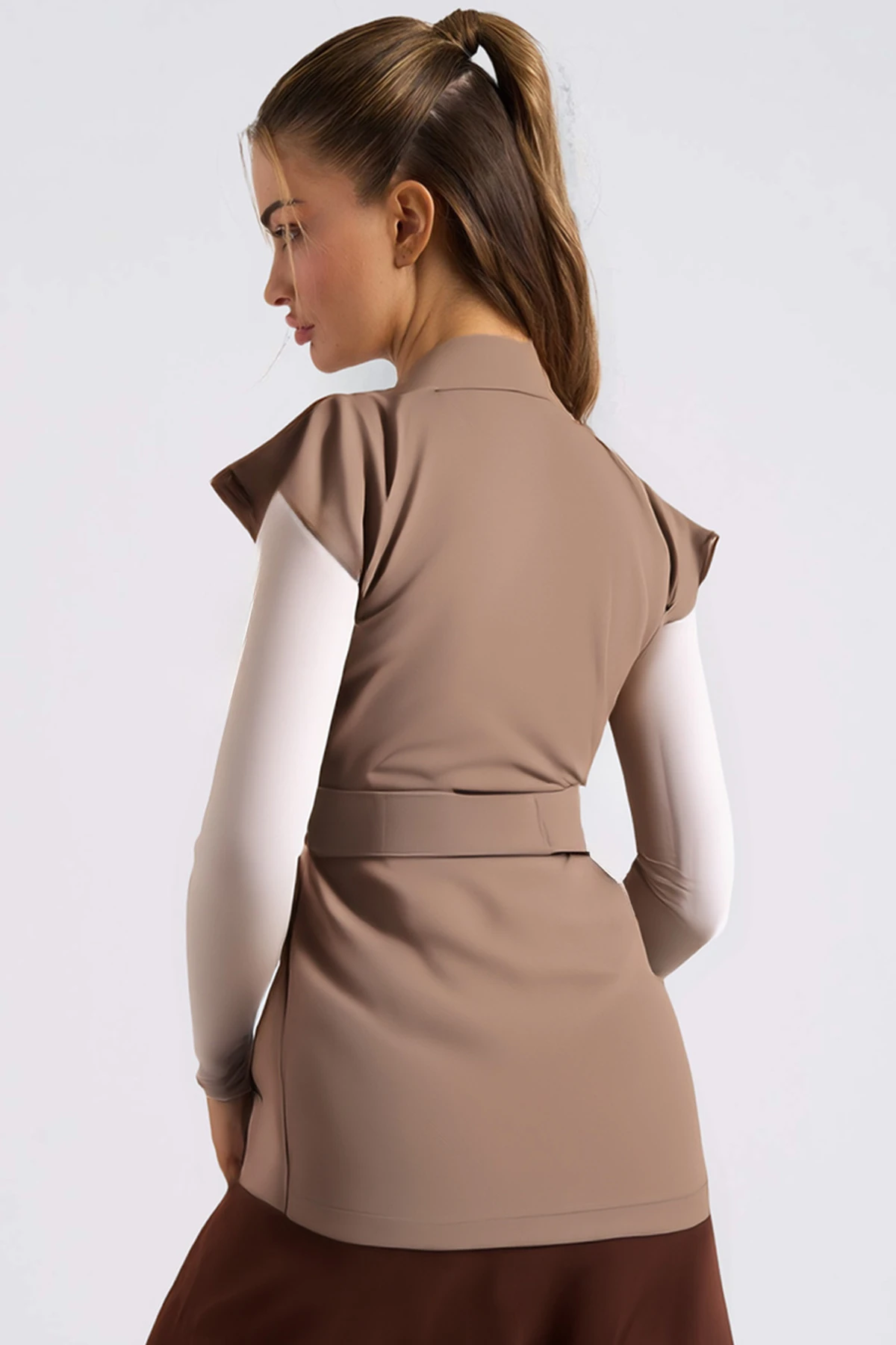 Kadın Vizon Erkek Yaka Beli Kuşaklı Keten Görünümlü Yelek ARM-25Y001079