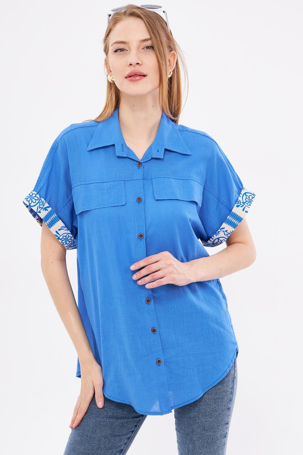 Kadın Mavi Oversize Duble Kol Detaylı Gömlek ARM-24Y001075