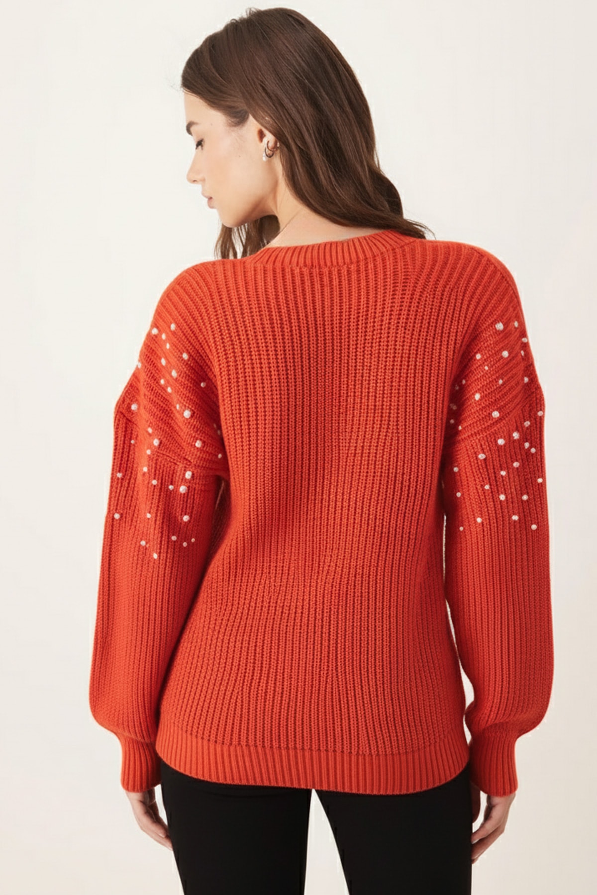 Kadın Turuncu V Yaka İncili Triko Kazak ARM-26K136036