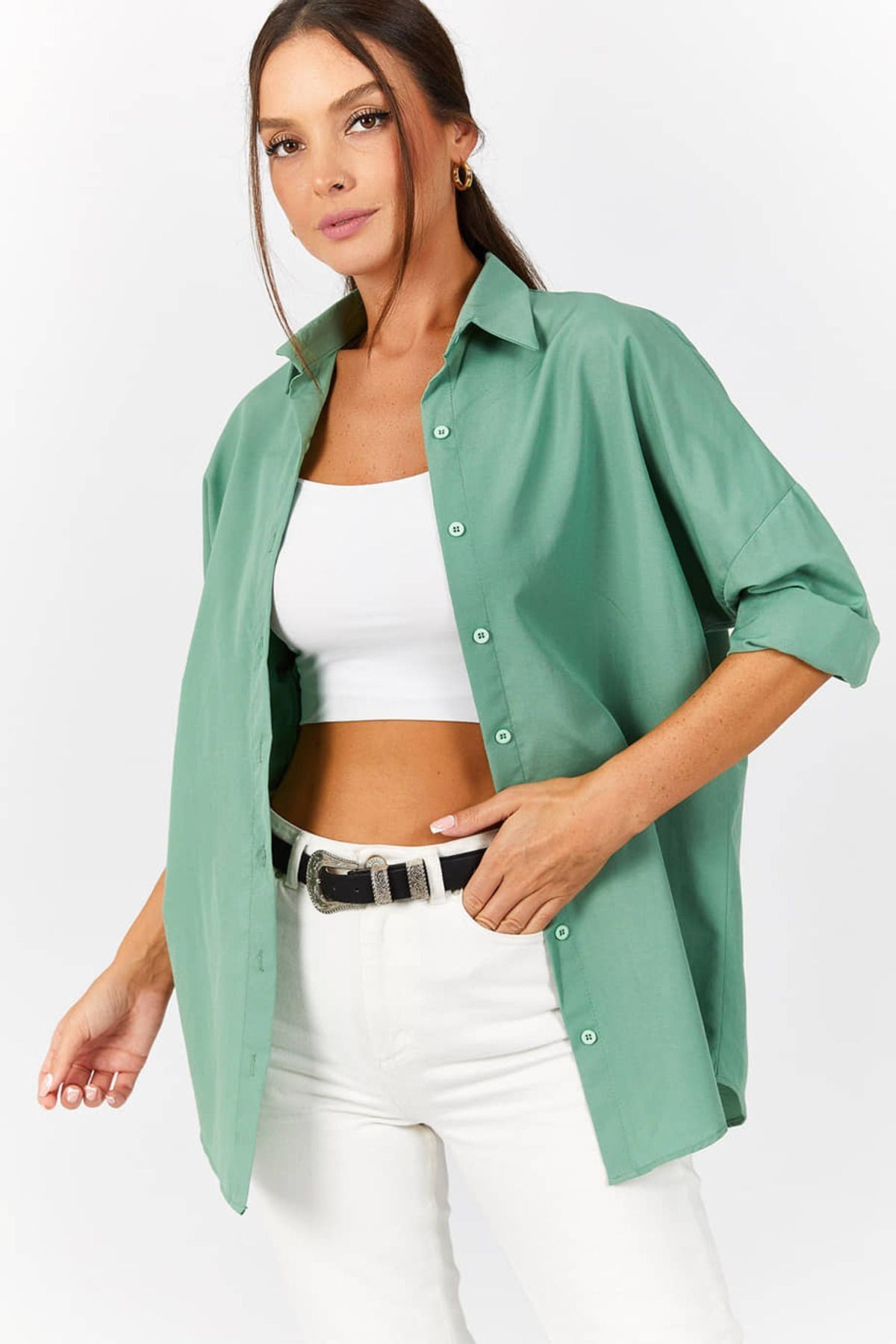 Kadın Çağla Yeşili Oversize Uzun Basic Gömlek Arm-22Y001118