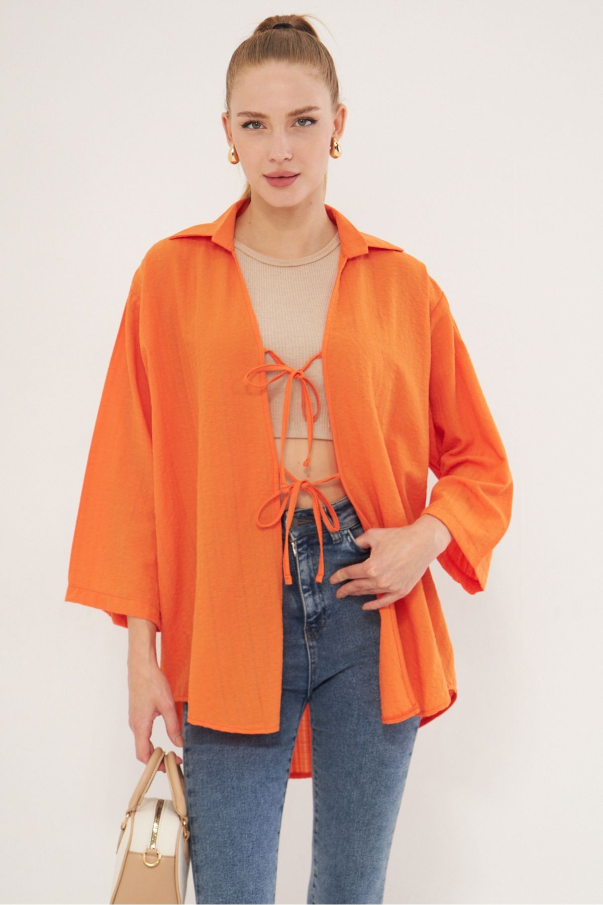 Kadın Turuncu Gömlek Yakalı Önden Bağcıklı Kimono Gömlek ARM-25K001006