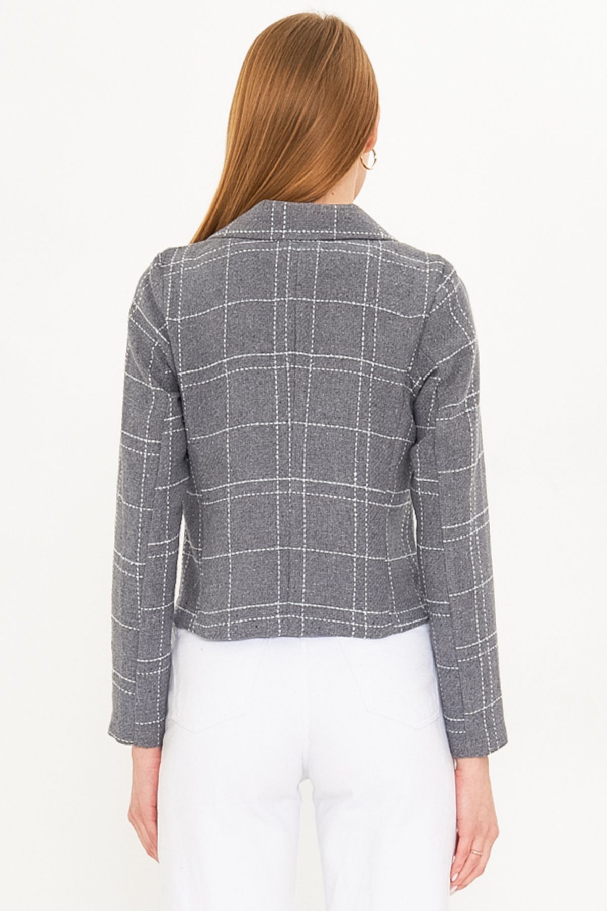 Kadın Gri Melanj Kruvaze Yaka Tüvit Crop Ceket ARM-24K001014