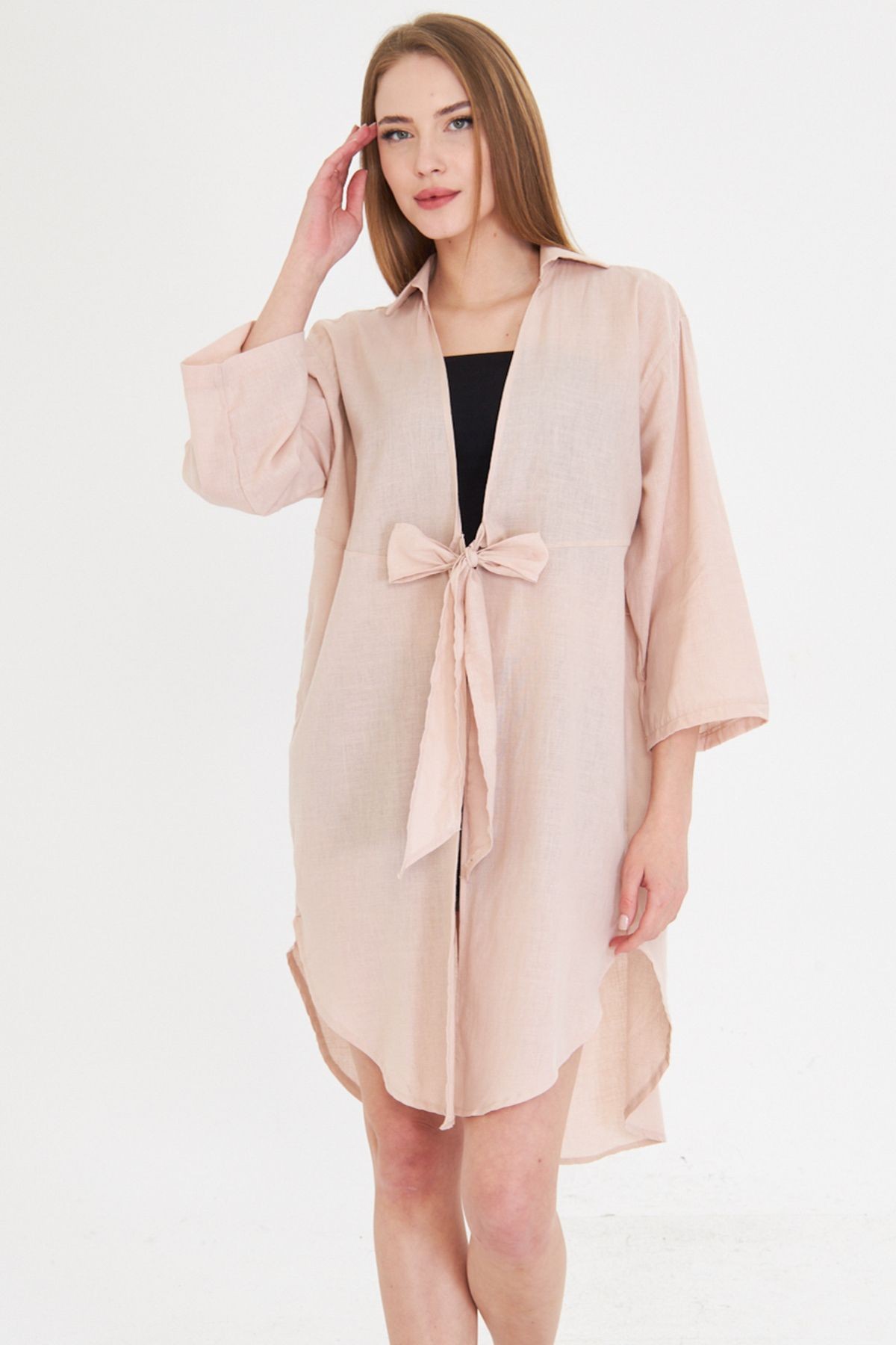Kadın Pudra Önden Bağlamalı İnce Keten Kumaş Midi Boy Kimono Gömlek ARM-24Y001081