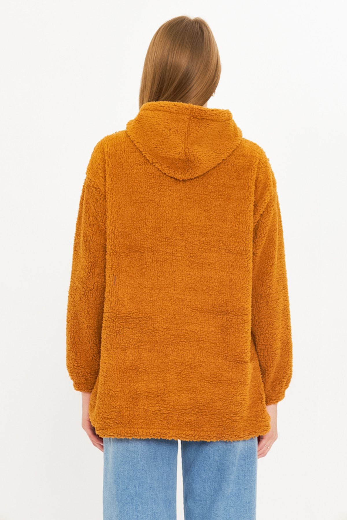 Kadın Camel Kapüşonlu Cep Kapaklı Peluş Sweatshirt ARM-25K001090