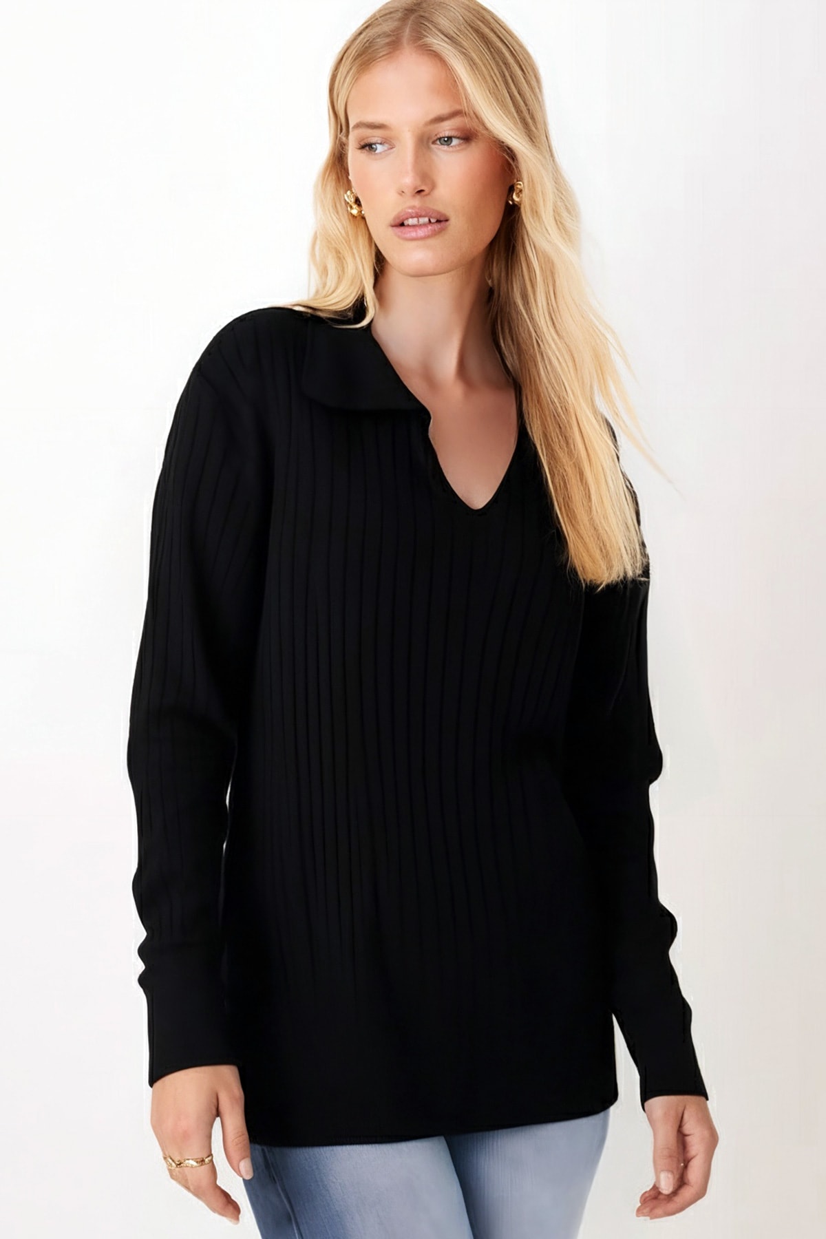 Kadın Siyah Polo Yaka Fitilli Triko Bluz ARM-26K012001