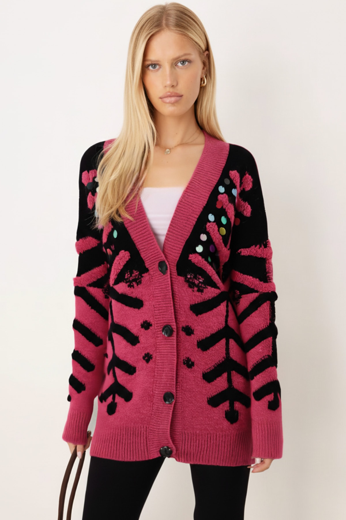 Kadın Fuşya Pullu Düğmeli Triko Hırka ARM-26K136025