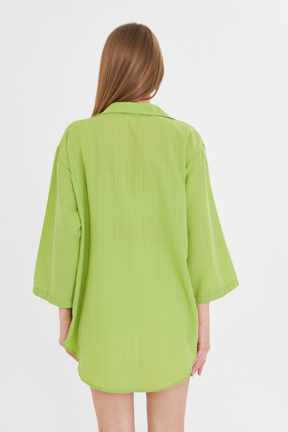 Kadın Fıstık Yeşili Gömlek Yakalı Önden Bağcıklı Kimono Gömlek ARM-25K001006