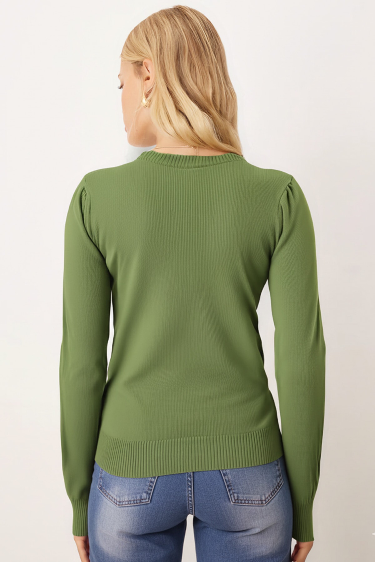 Kadın Açık Yeşil Bisiklet Yaka Aplikeli Kazak ARM-26K136002