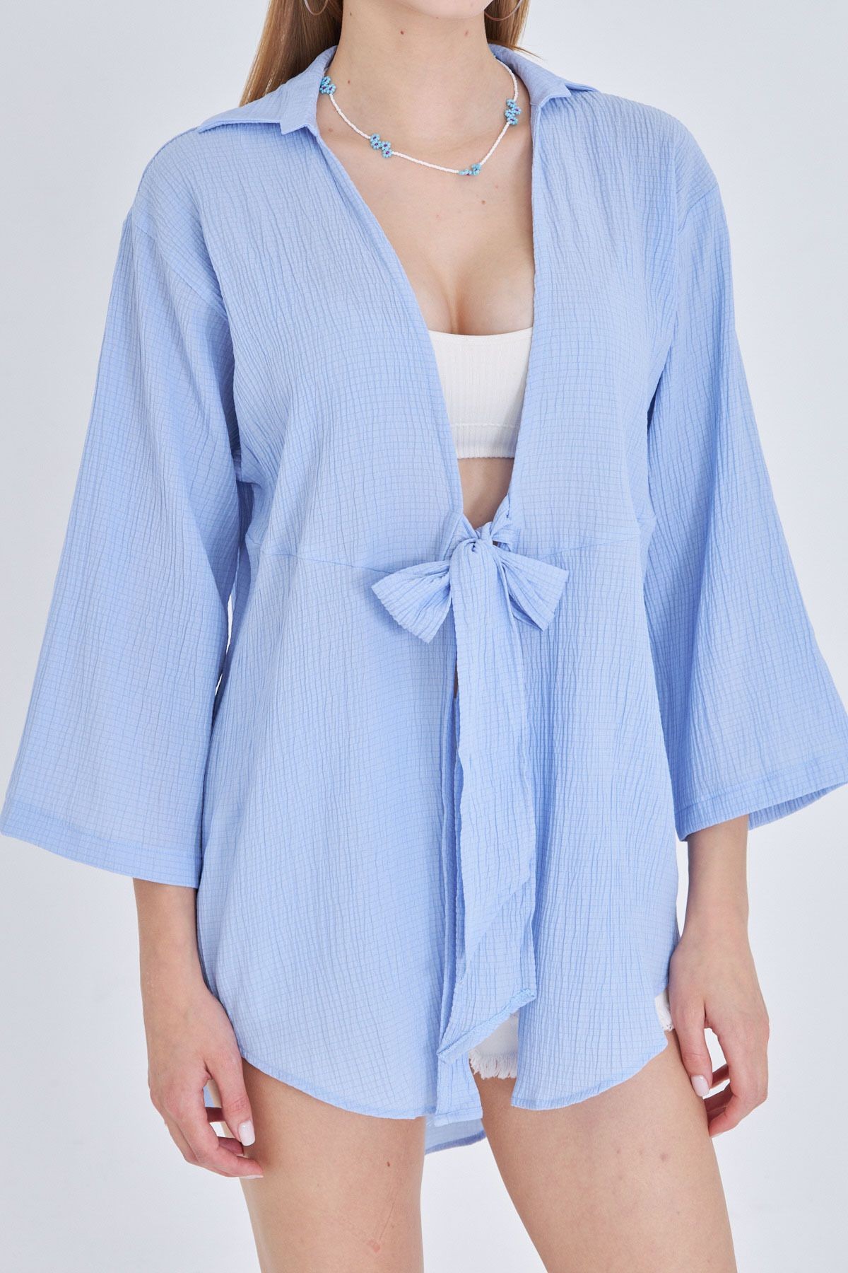 Kadın Bebe Mavi Keten Görünümlü Önden Bağlamalı Kimono Gömlek ARM-24Y001063