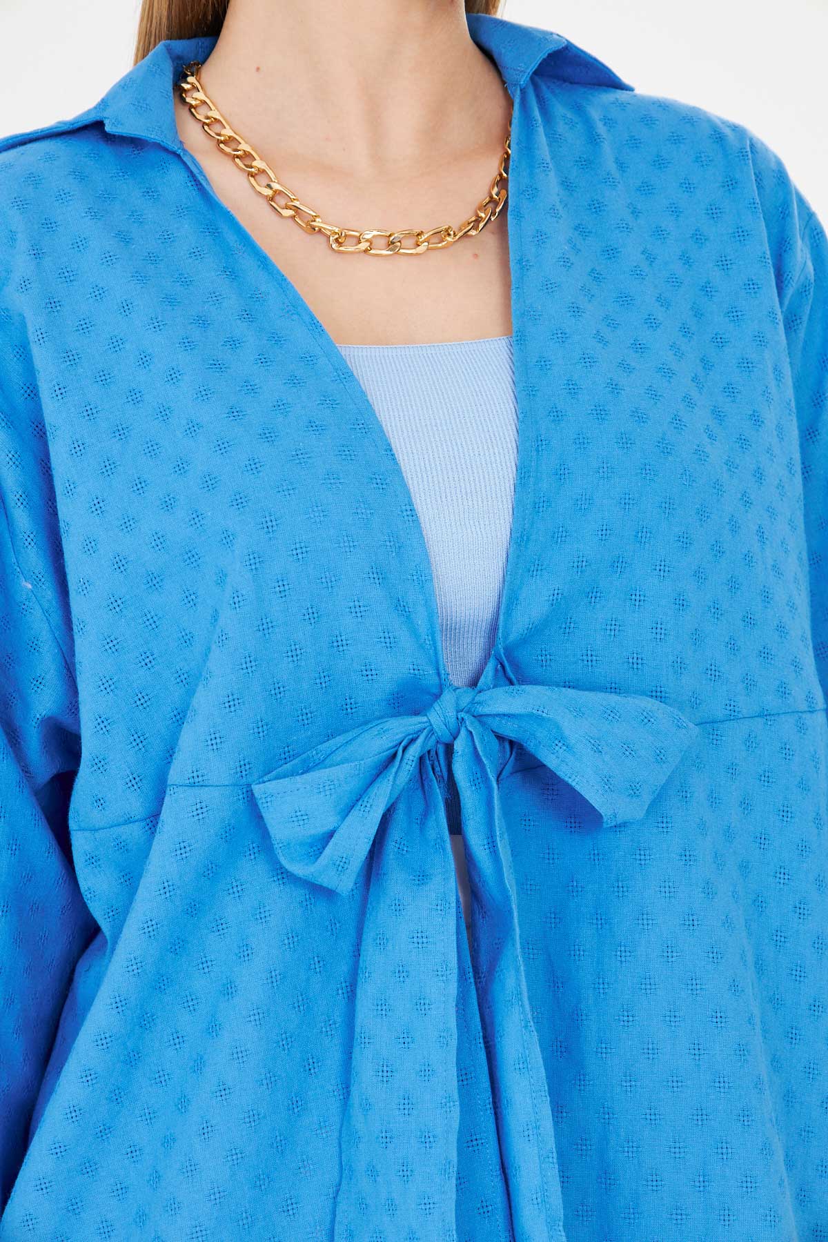 Kadın Mavi Önden Bağlamalı Kimono Gömlek ARM-25Y001108