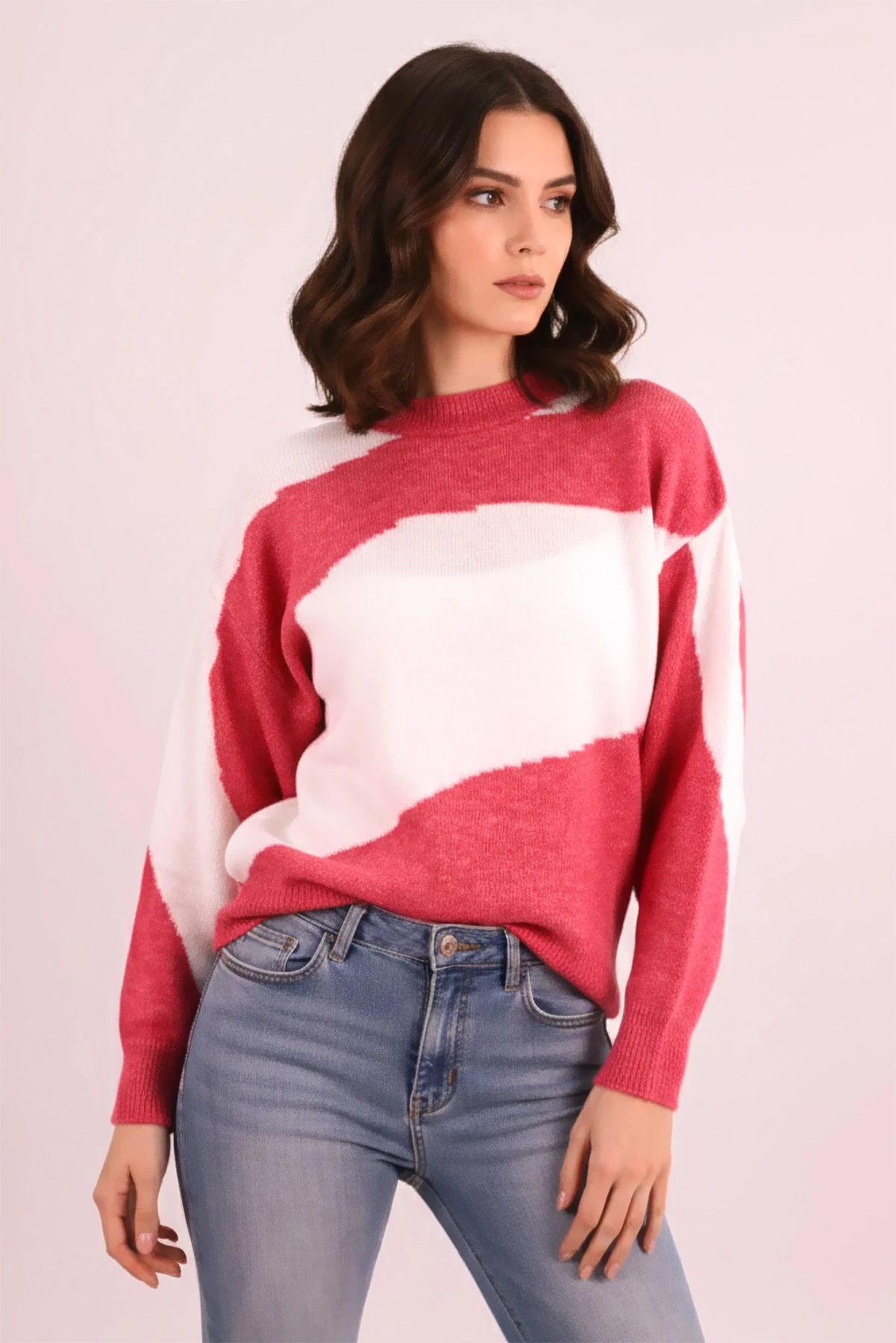 Kadın Fuşya İki Renkli Triko Kazak ARM-26K136079