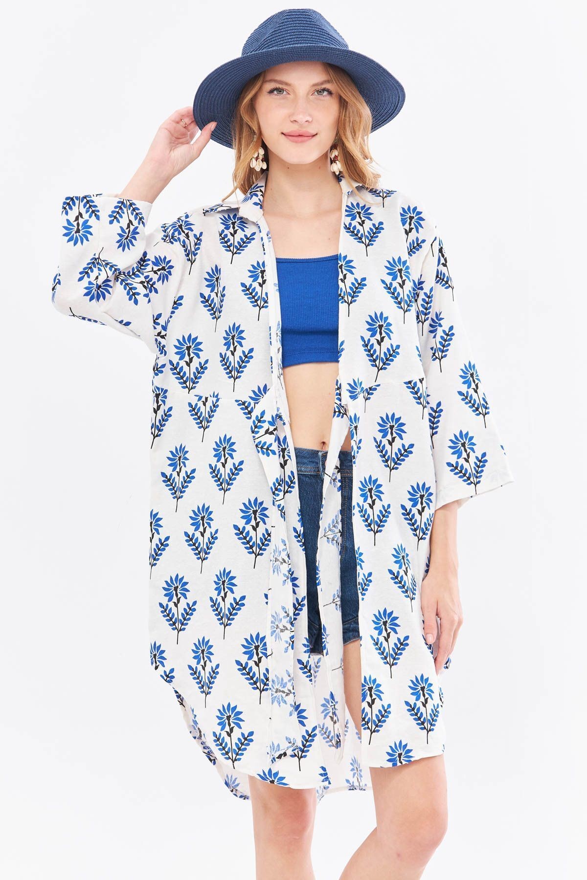 Kadın Saks Keten Görünümlü Desenli Önden Bağlamalı Midi Boy Kimono Gömlek ARM-24Y001096