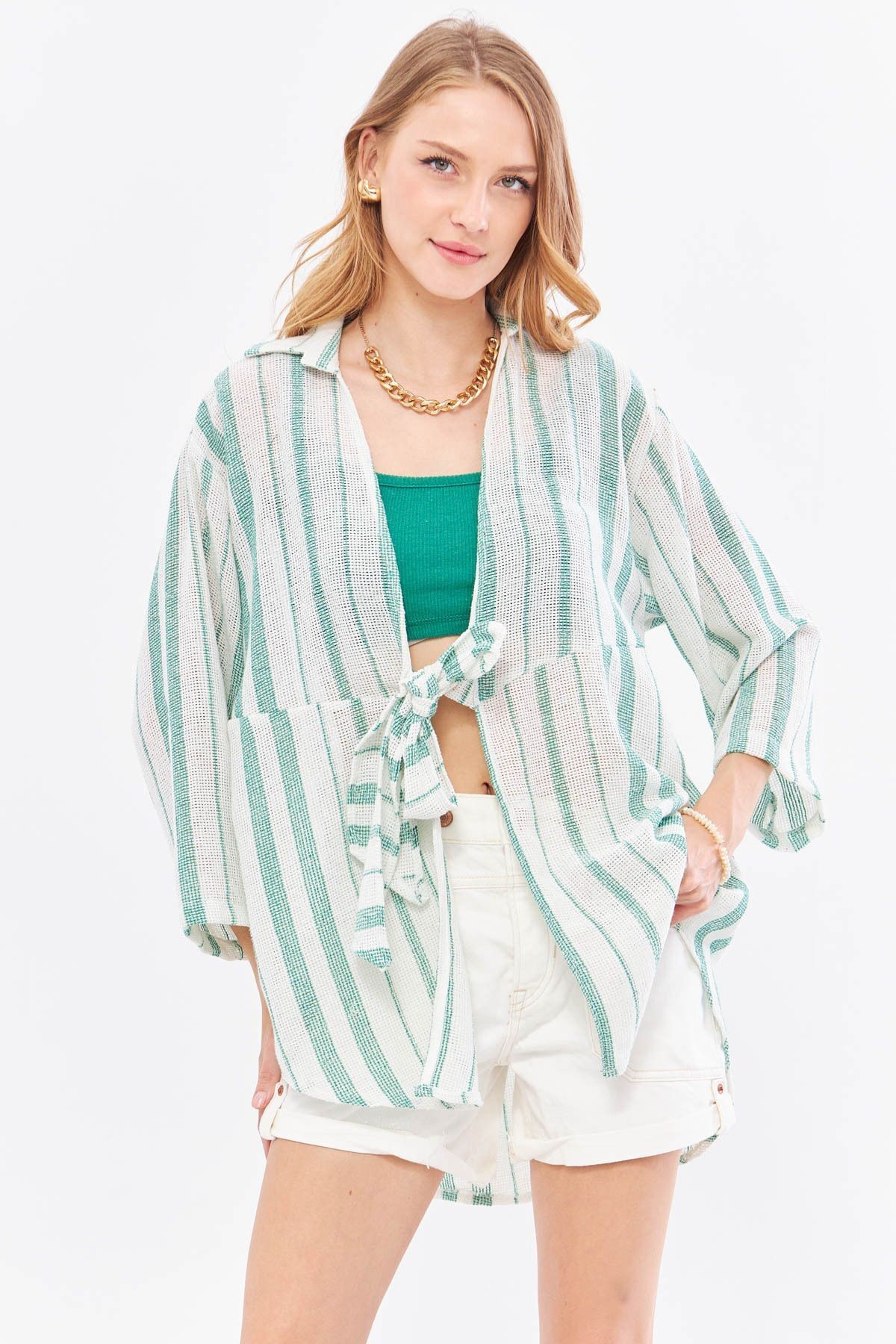 Kadın Koyu Yeşil Çizgili Önden Bağlamalı Kimono Gömlek ARM-24Y001091