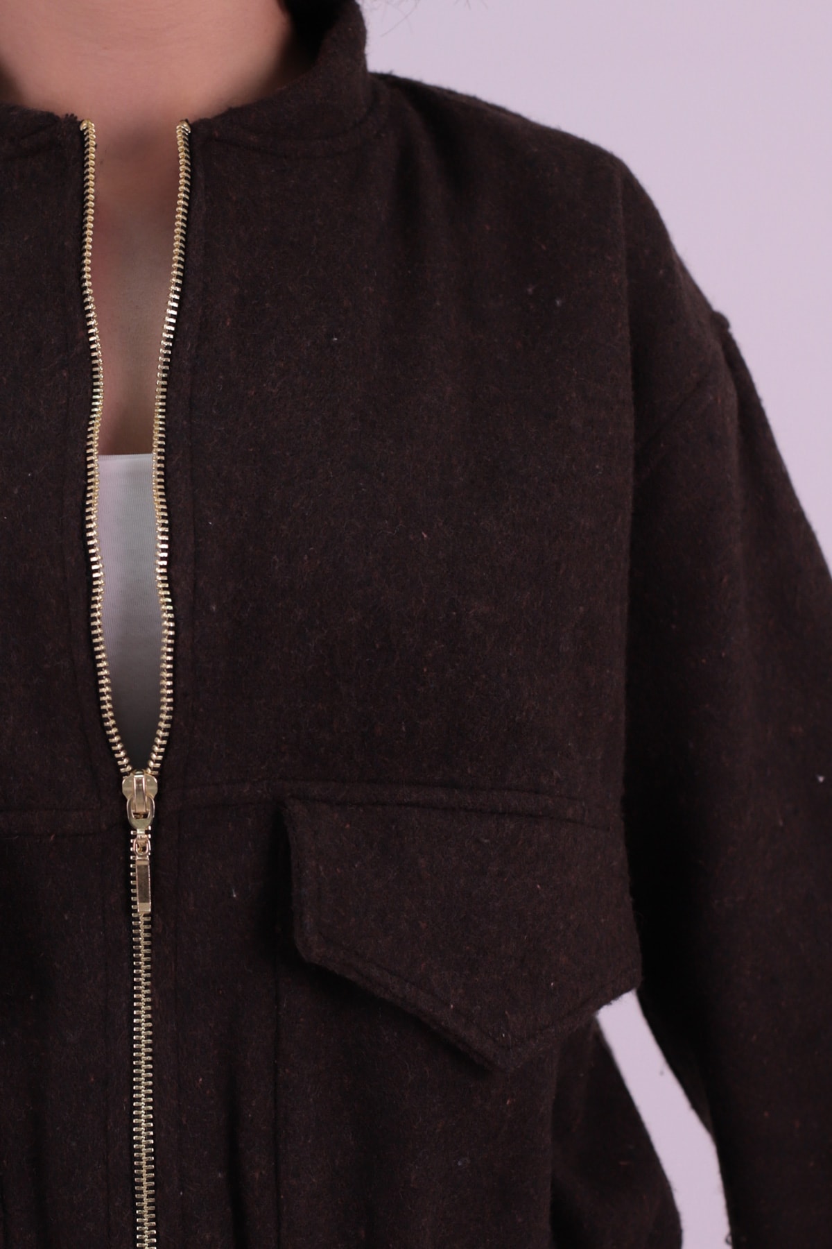 Kadın Kahve Cepli Kolları Ve Beli Lastikli Bomber Kaşe Mont ARM-26K001027