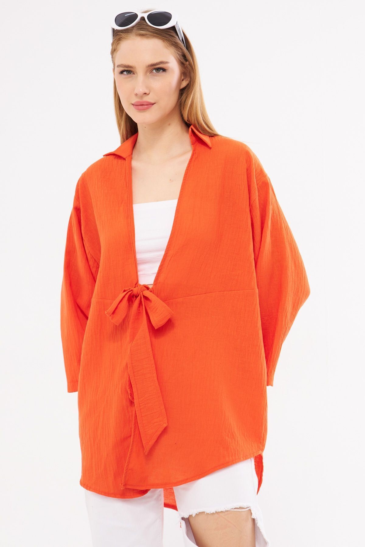 Kadın Turuncu Keten Görünümlü Önden Bağlamalı Kimono Gömlek ARM-24Y001063