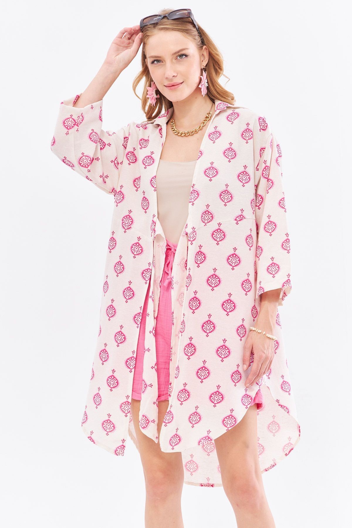 Kadın Fuşya Keten Görünümlü Desenli Önden Bağlamalı Midi Boy Kimono Gömlek ARM-24Y001096