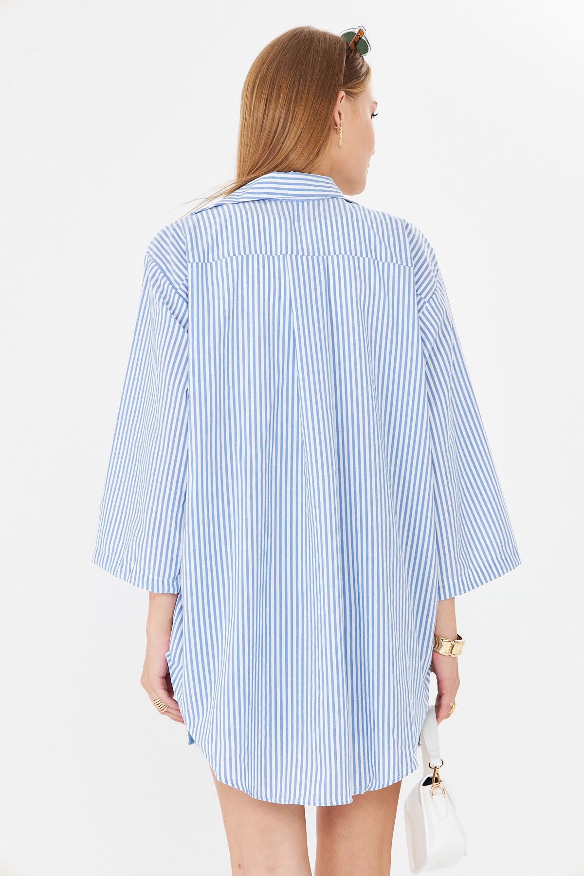 Kadın Mavi Çizgili Önden Bağlamalı Kimono Gömlek ARM-25Y001085