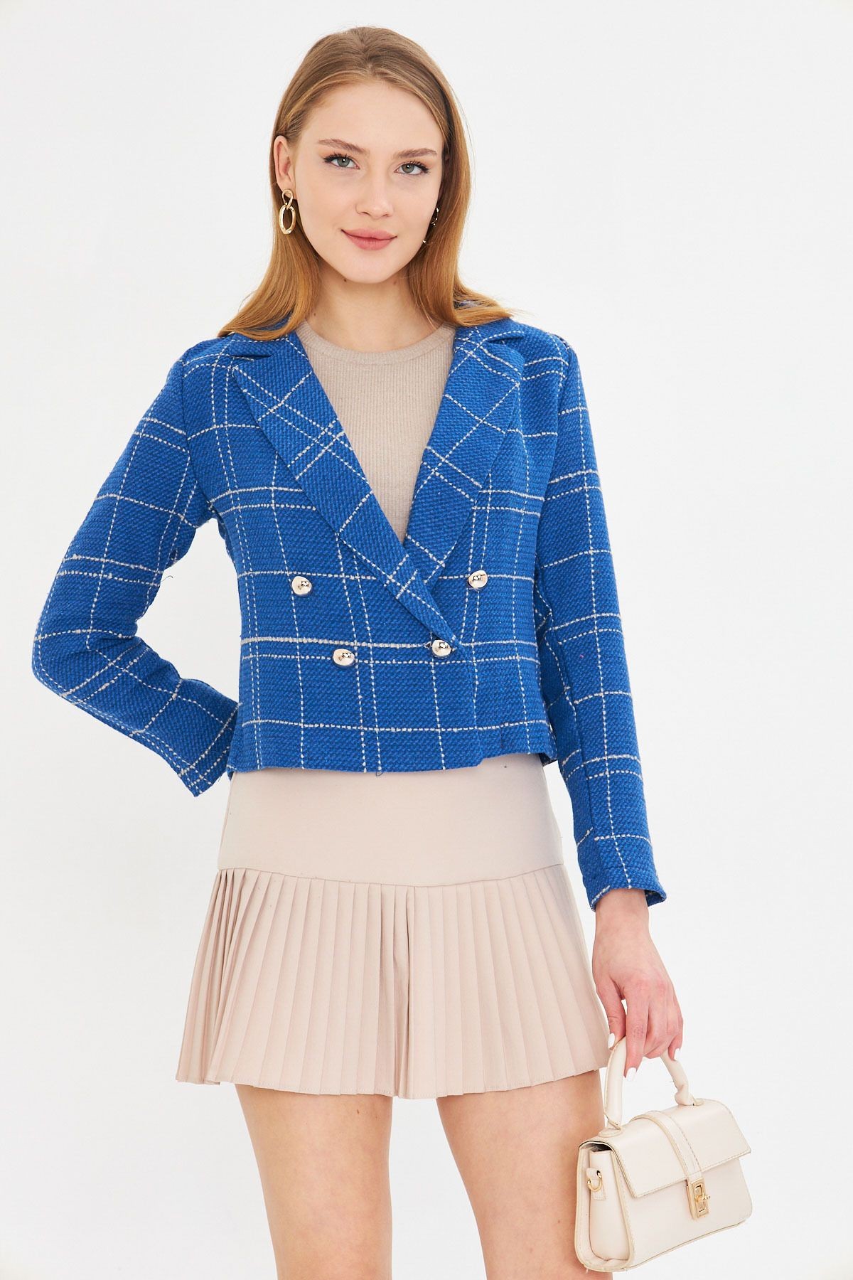 Kadın Saks-Bej Kruvaze Yaka Tüvit Crop Ceket ARM-24K001014