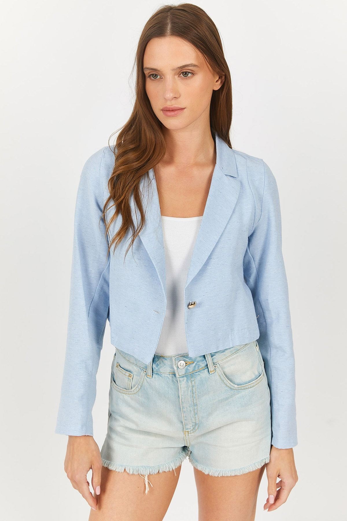 Kadın Bebe Mavi Tek Düğmeli Crop Ceket Arm-23y001064