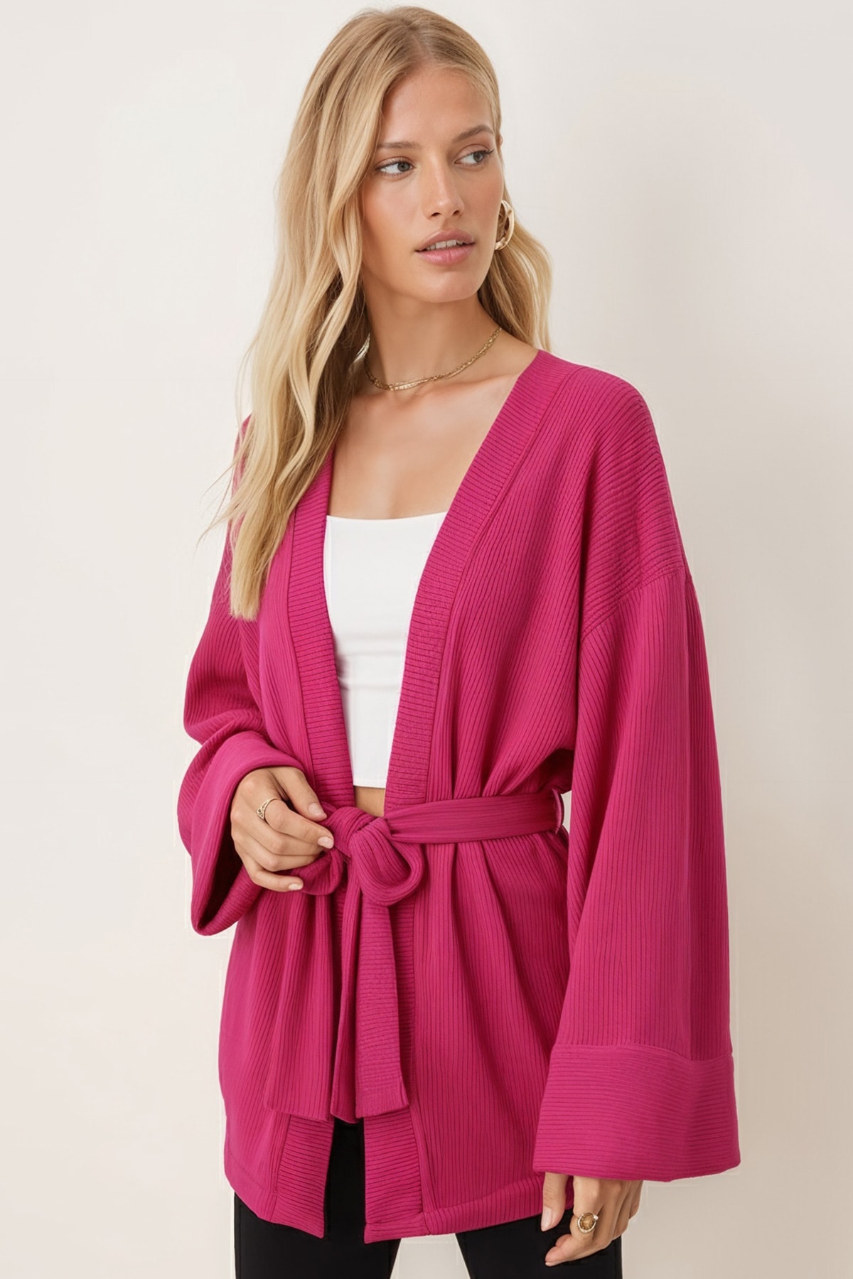 Kadın Fuşya Kemerli Triko Kimono ARM-26K001011
