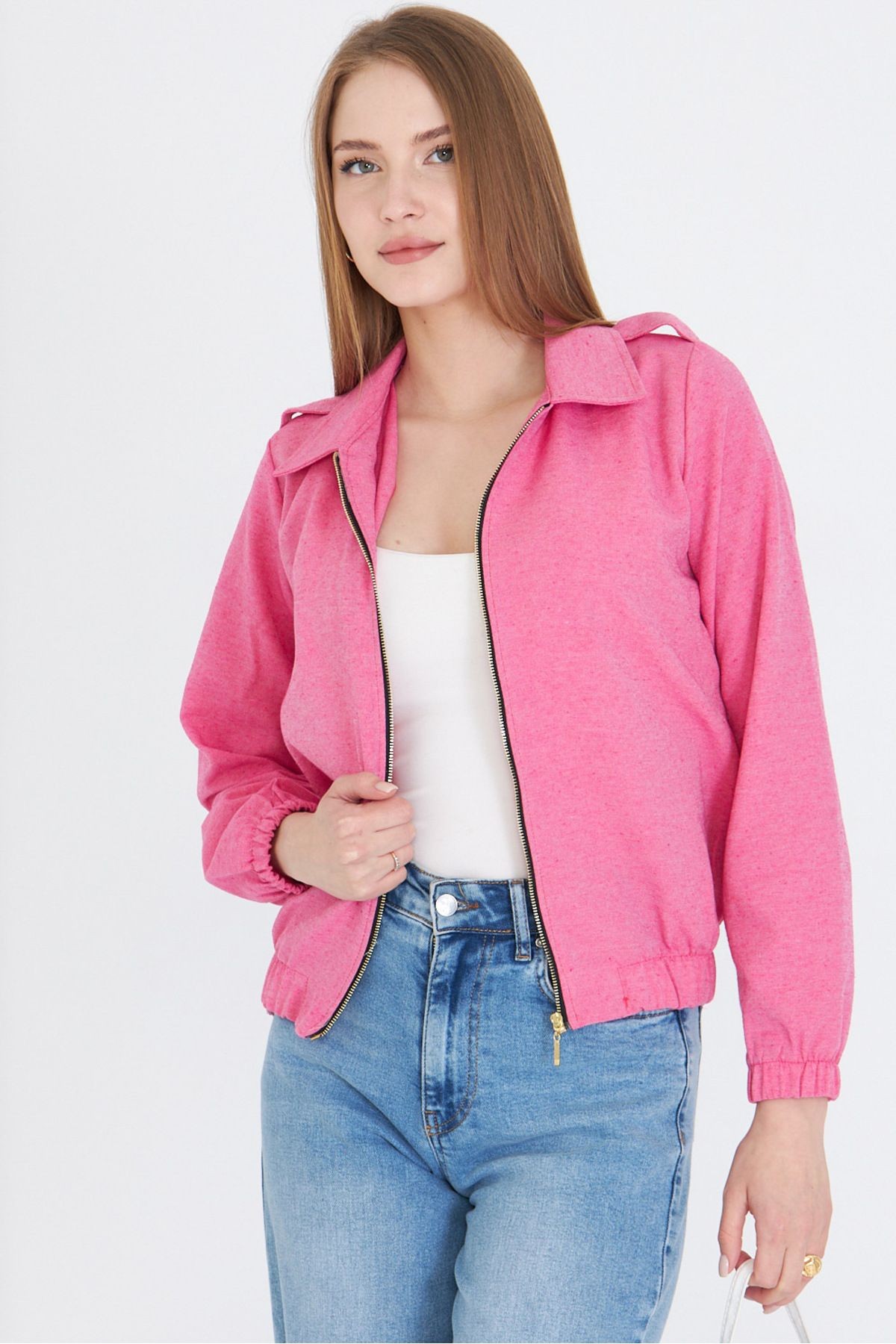 Kadın Fuşya Önü Fermuarlı Gabardin Mont ARM-22K001068