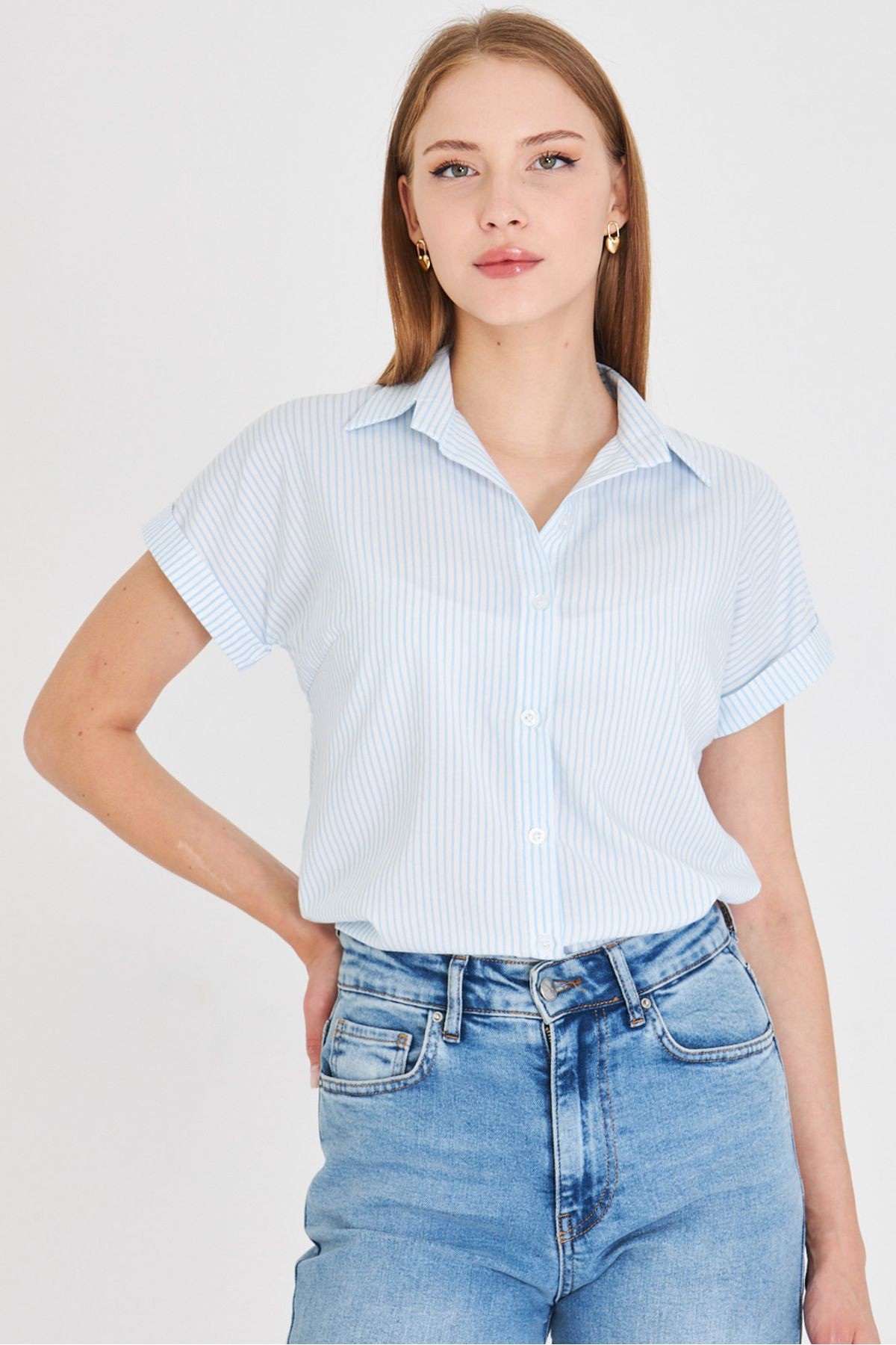 Kadın Bebe Mavi Çizgili Kısa Kol Gömlek ARM-25Y001059