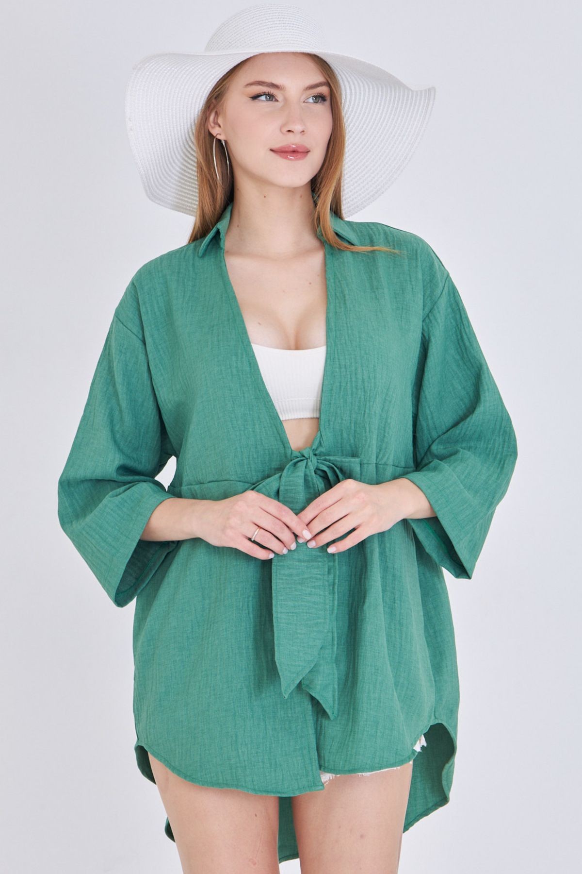 Kadın Koyu Yeşil Keten Görünümlü Önden Bağlamalı Kimono Gömlek ARM-24Y001063