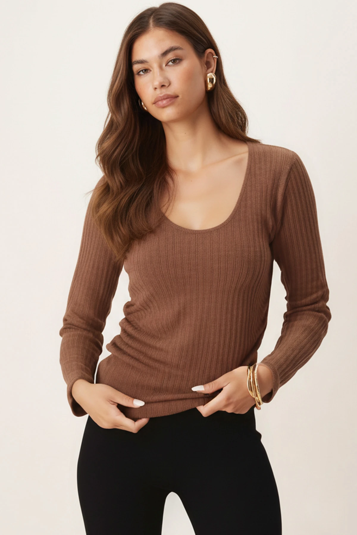 Kadın Vizon V Yaka Uzun Kollu Önü Büzgülü Yumuşak Dokulu Likralı Bluz ARM-26K001014