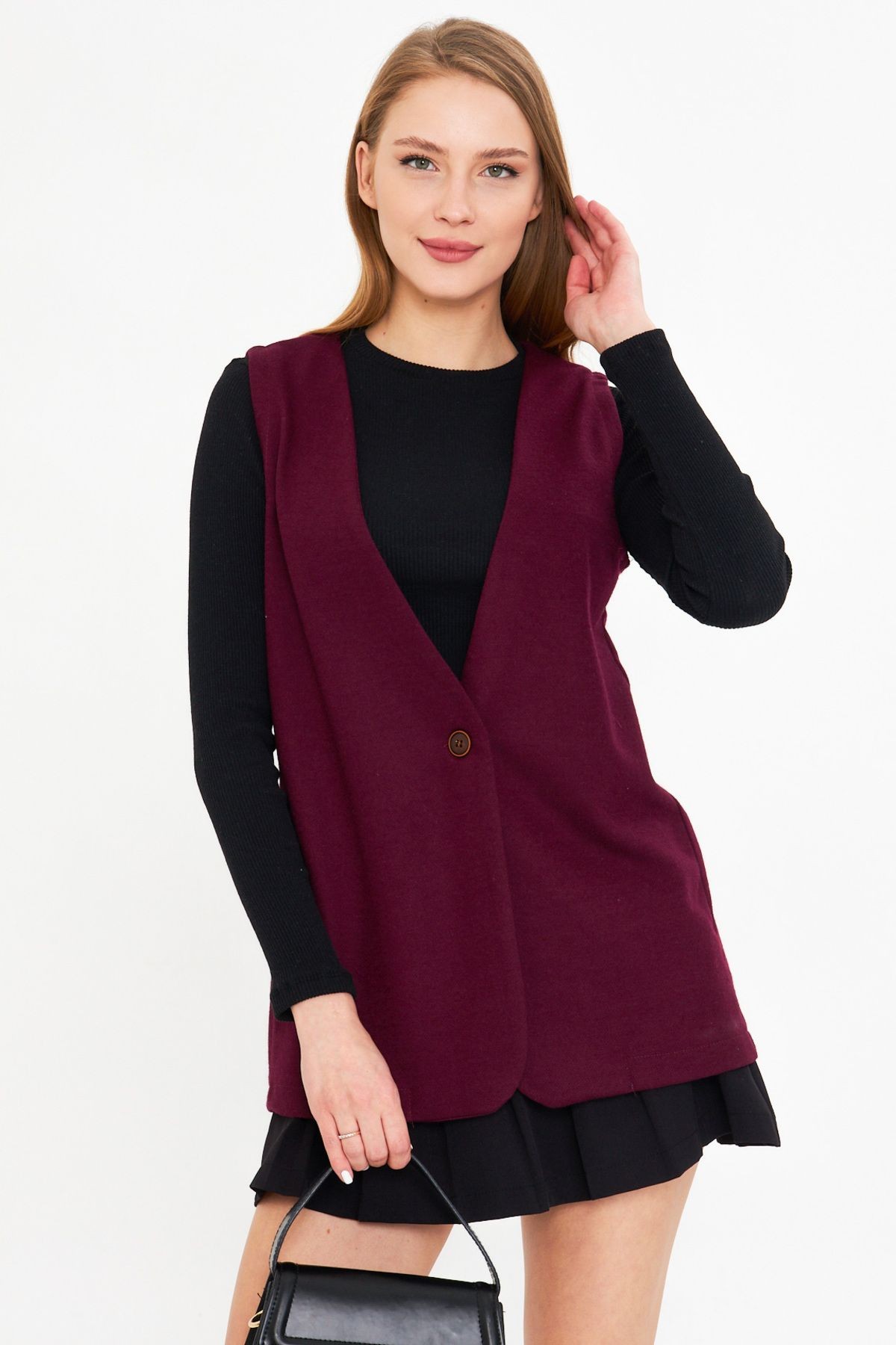 Kadın Mürdüm V Yaka Tek Düğmeli Oversize Desenli Yelek ARM-25K001110
