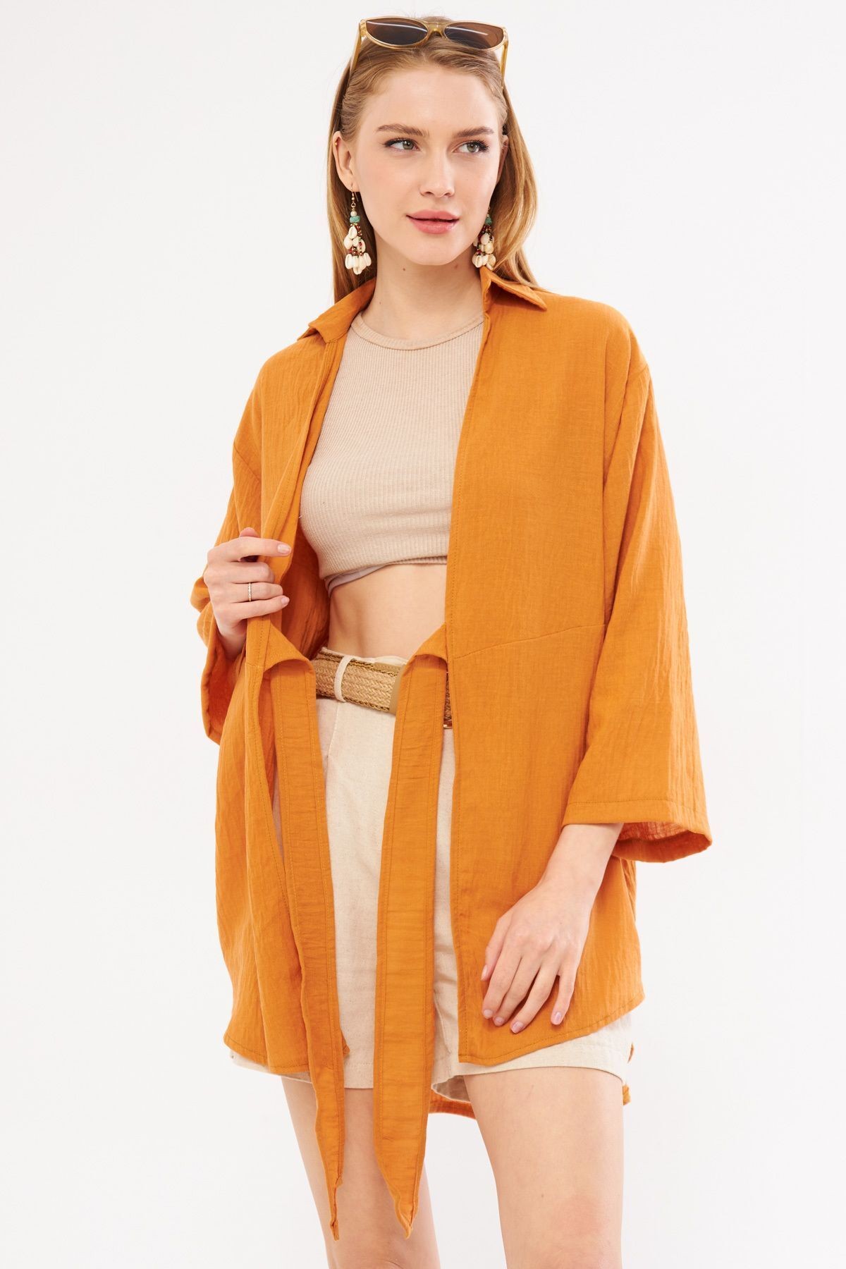 Kadın Kiremit Keten Görünümlü Önden Bağlamalı Kimono Gömlek ARM-24Y001063