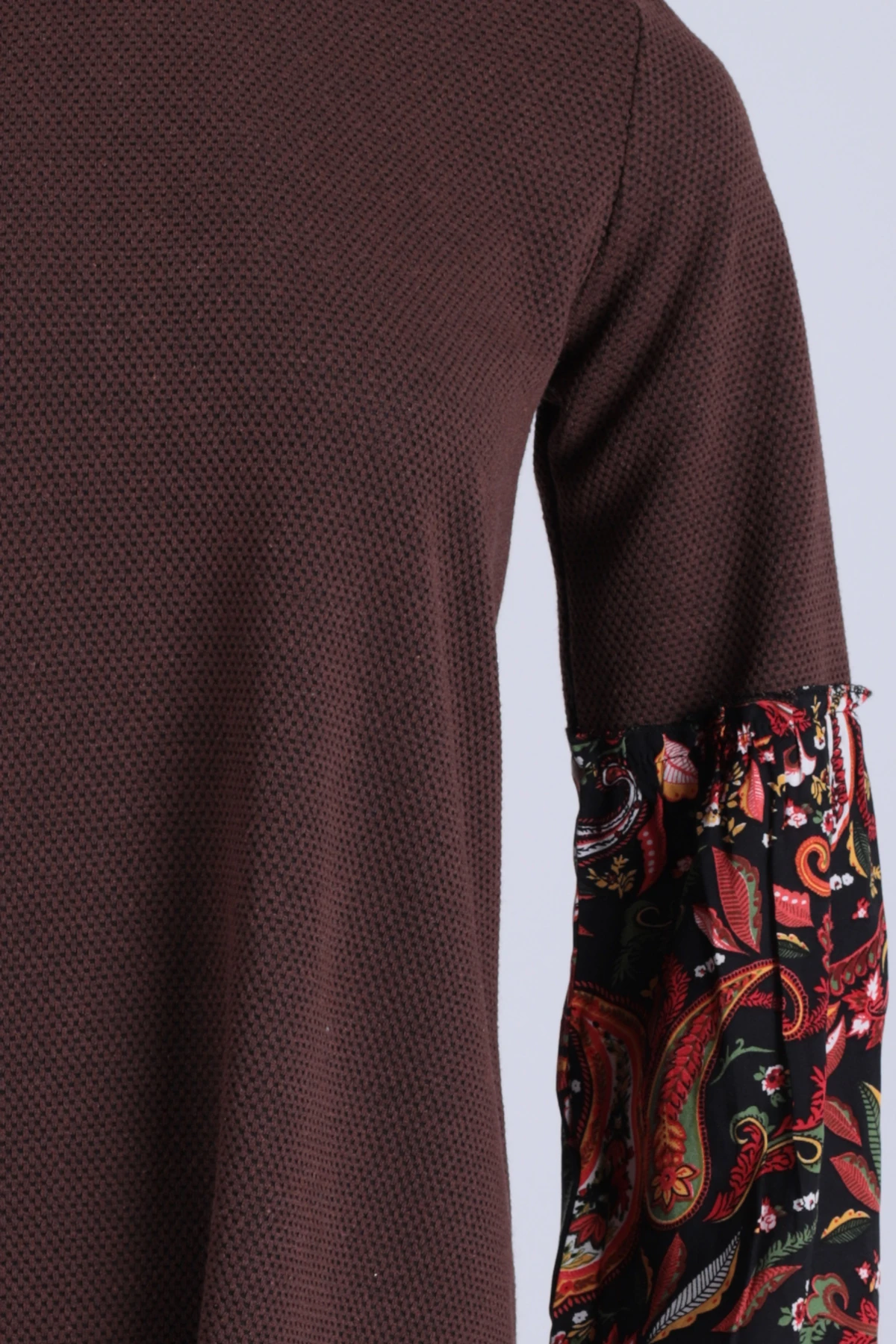 Kadın Kahve Desenli Balon Kol Elbise ARM-26K001051