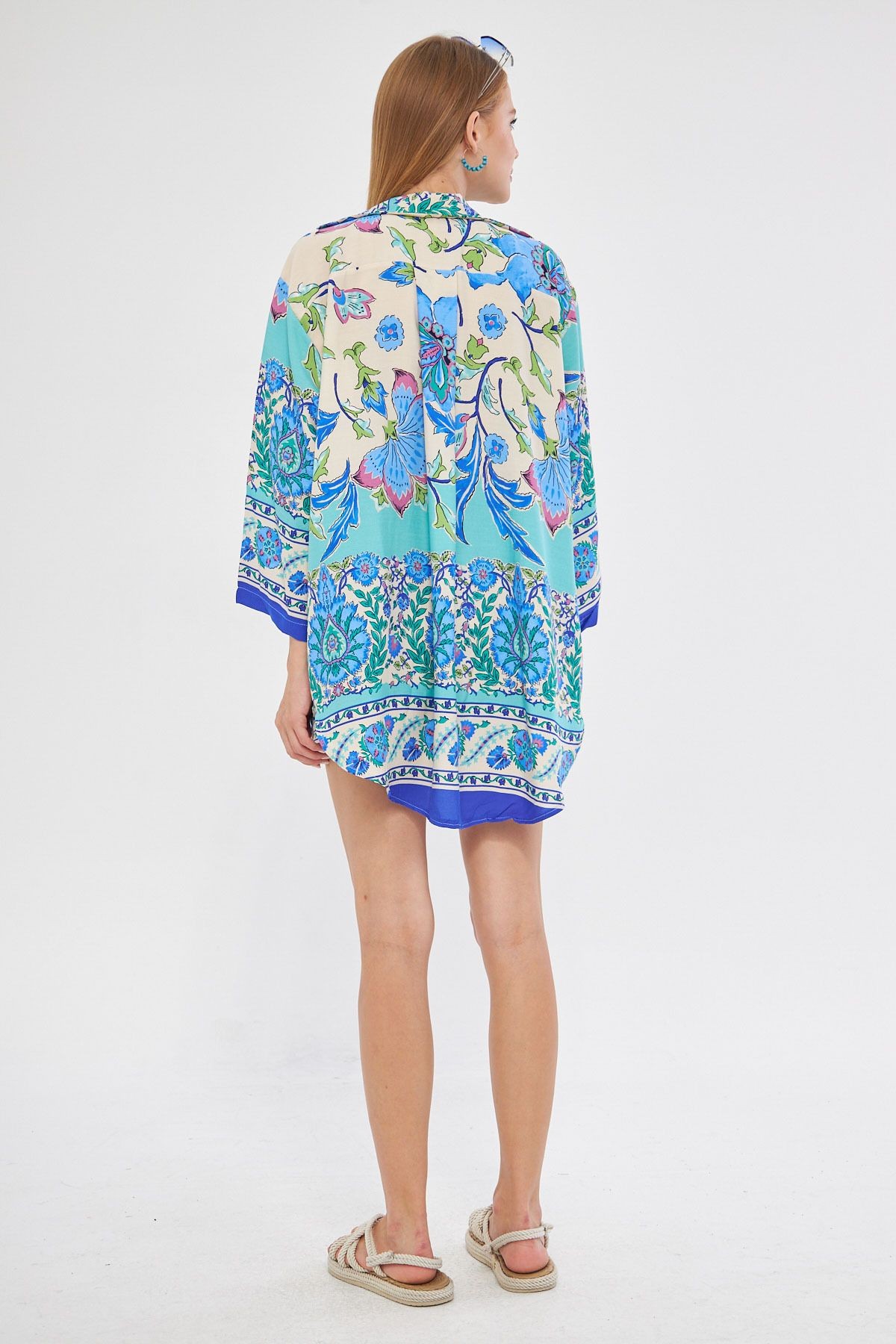 Kadın Saks Desenli Önden Bağlamalı Kimono Gömlek ARM-24Y001080