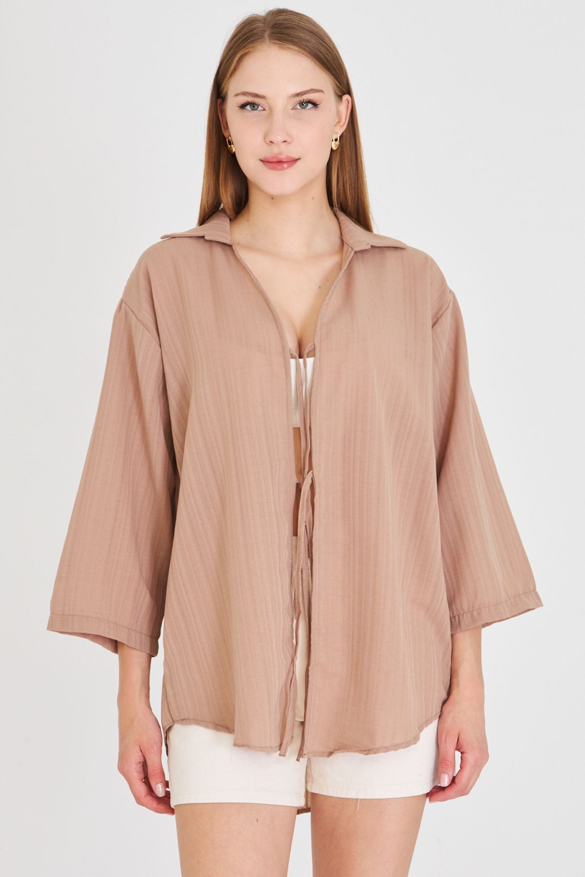 Kadın Vizon Gömlek Yakalı Önden Bağcıklı Kimono Gömlek ARM-25K001006