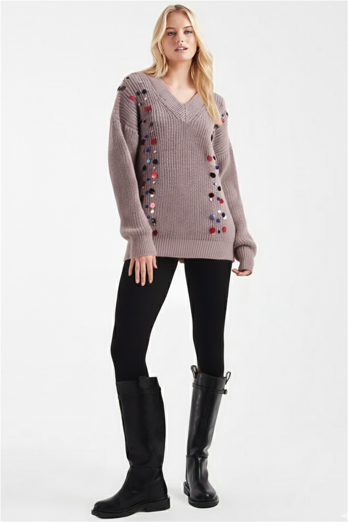 Kadın Taş V Yaka Pullu Triko Kazak ARM-26K136039