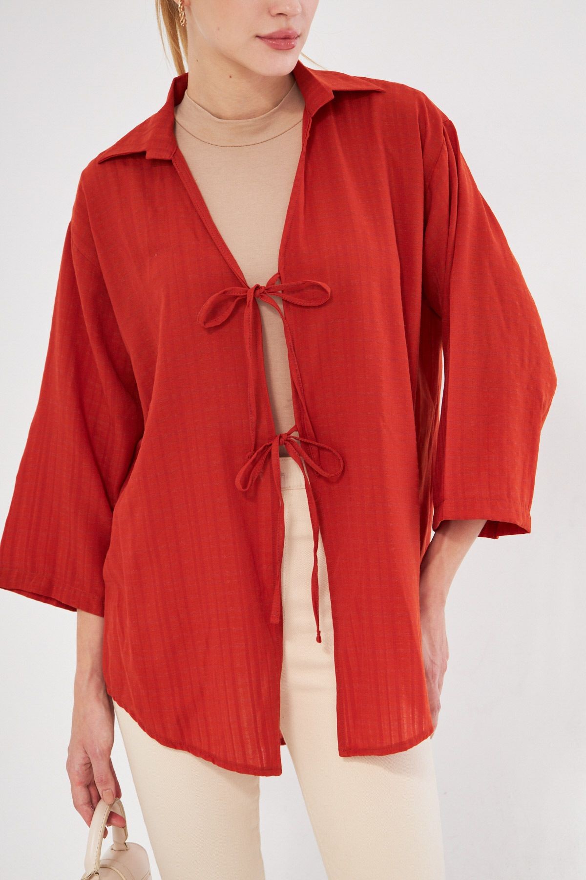 Kadın Kiremit Gömlek Yakalı Önden Bağcıklı Kimono Gömlek ARM-25K001006