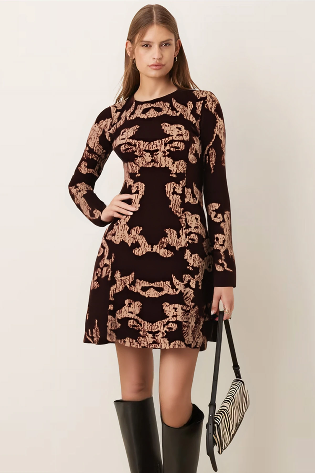 Kadın Kahve-Bej Sıfır Yaka Uzun Kollu Elbise ARM-26K001029