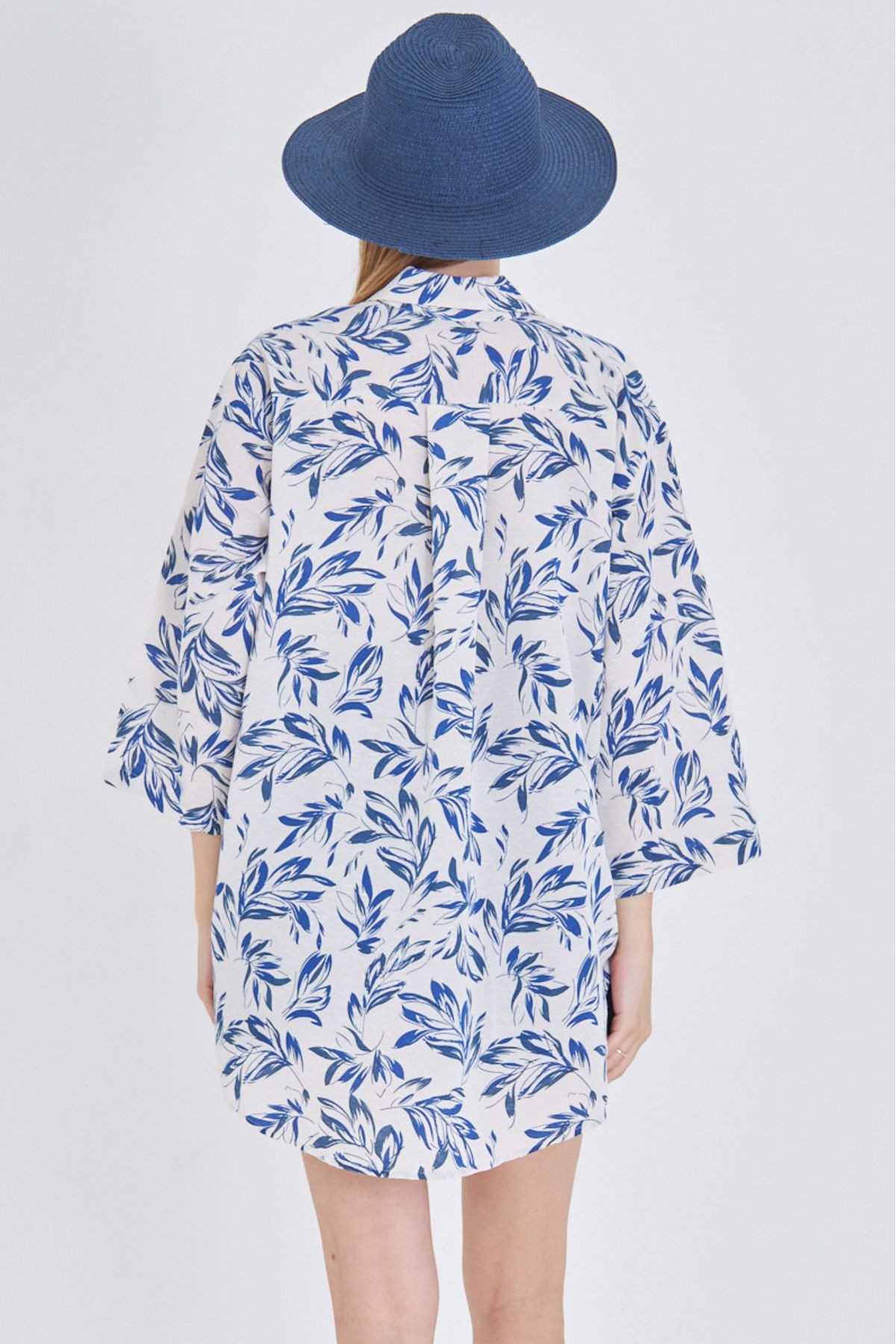 Kadın Saks-Ekru Desenli Keten Görünümlü Önden Bağlamalı Kimono Gömlek ARM-24Y001079
