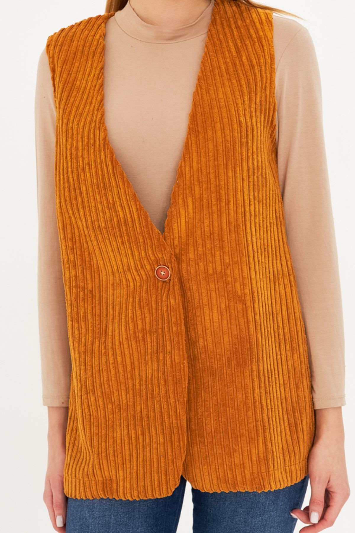 Kadın Hardal V Yaka Tek Düğmeli Oversize Kalın Fitilli Kadife Yelek ARM-25K001016