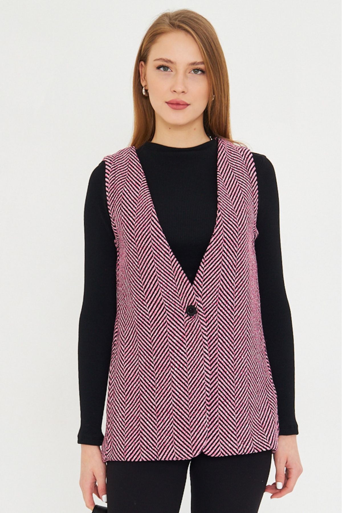 Kadın Pembe V Yaka Tek Düğmeli Oversize Desenli Yelek ARM-25K001110